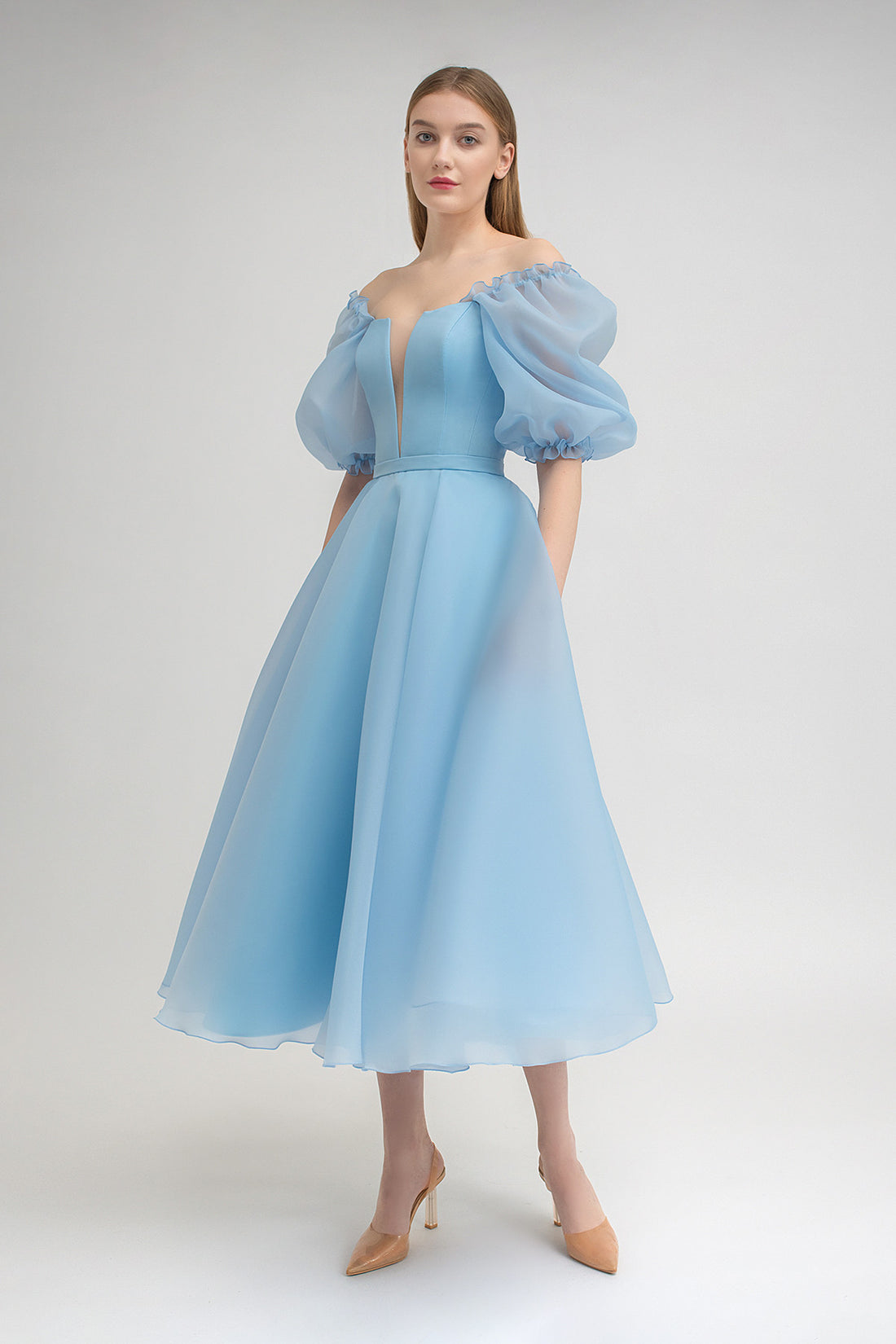 Blue Plunge Neck Tea Length Party Dress Katarina