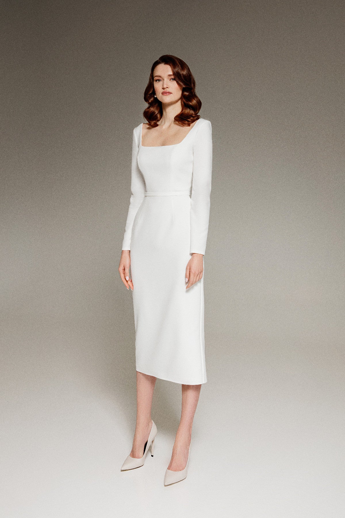 Midi Long Sleeve Wedding Dress With Square Neck Viola Midi Long Sleeve Wedding Dress With Square Neck Viola