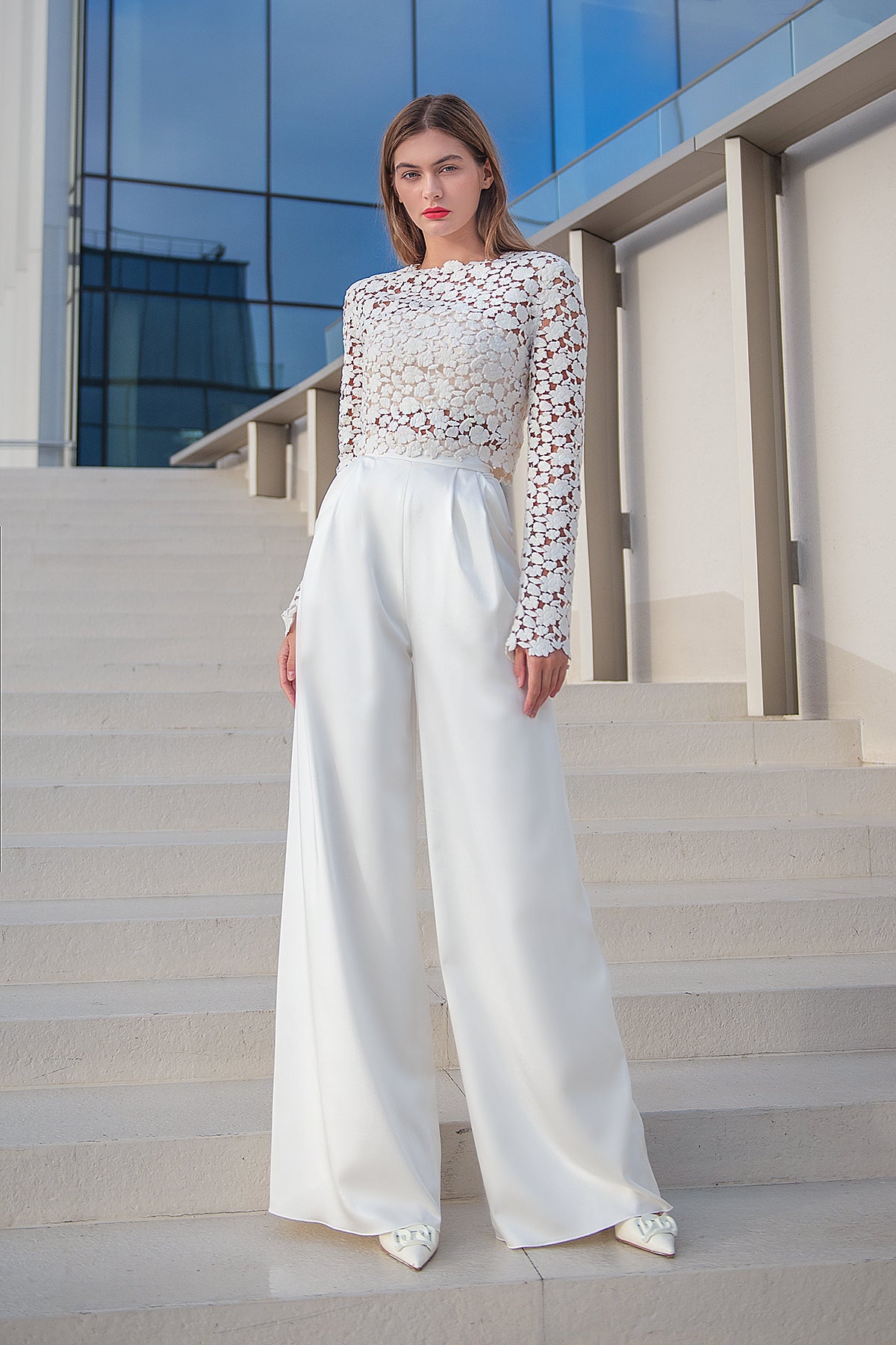 wedding dress with lace pants Three Piece Bridal Separates Lace Long Sleeve Top With Palazzo Pants Aleksa 0 US (32 EU) / Ivory