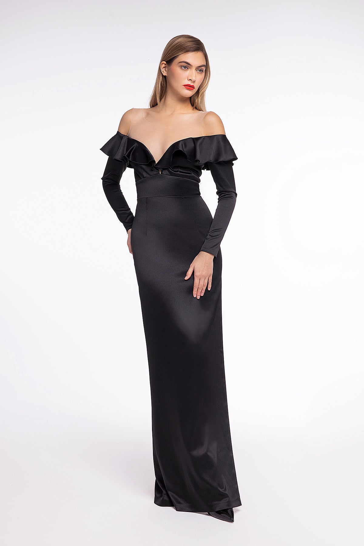 Off-Shoulder Black Satin Evening Gown Celine with Illusion Neckline 0 US (32 EU) / Blush Off-Shoulder Black Satin Evening Gown Celine with Illusion Neckline 0 US (32 EU) / Blush