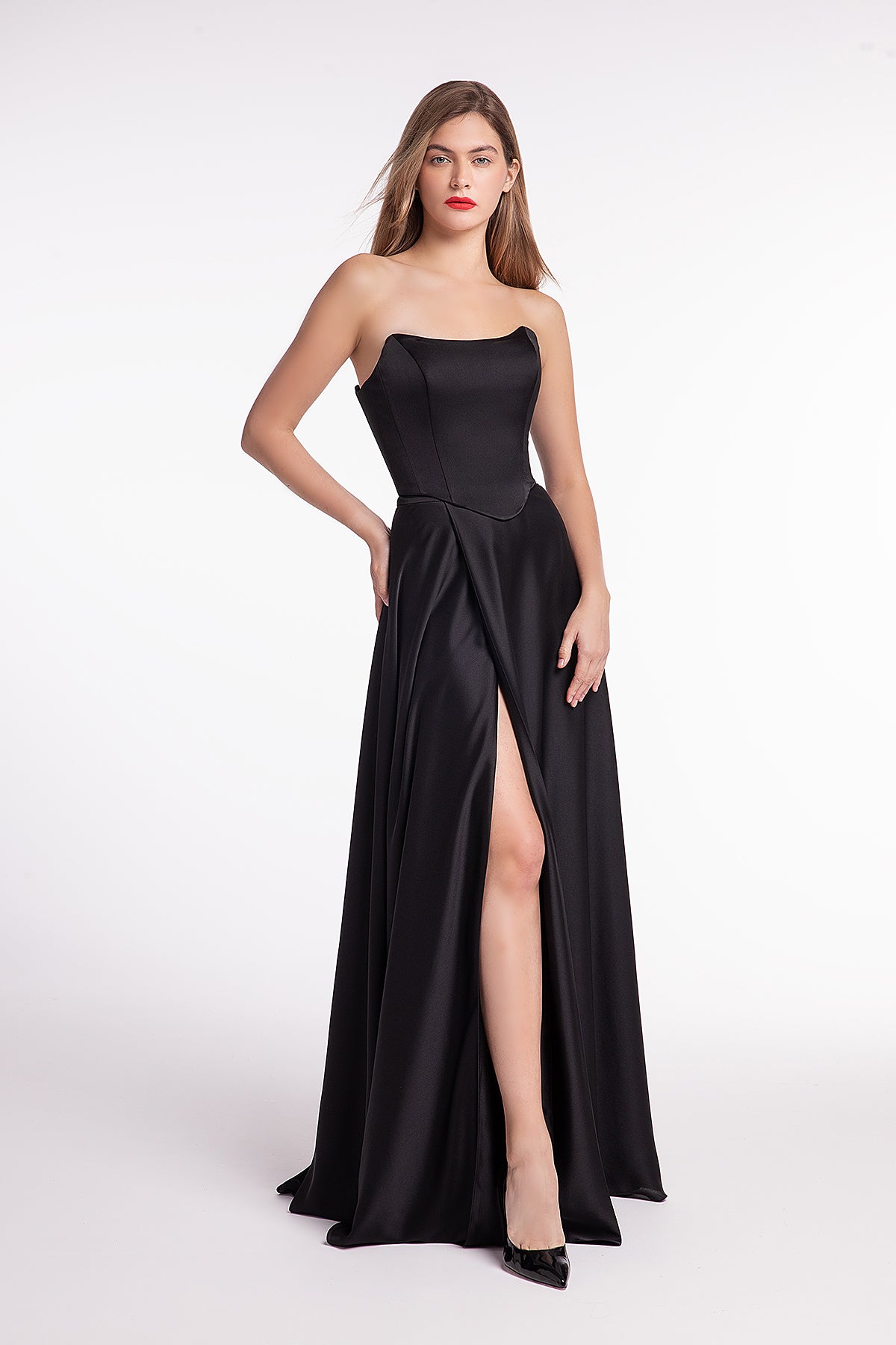 Strapless Black Satin Corset Gown with Silk Skirt Madeleine Strapless Black Satin Corset Gown with Silk Skirt Madeleine