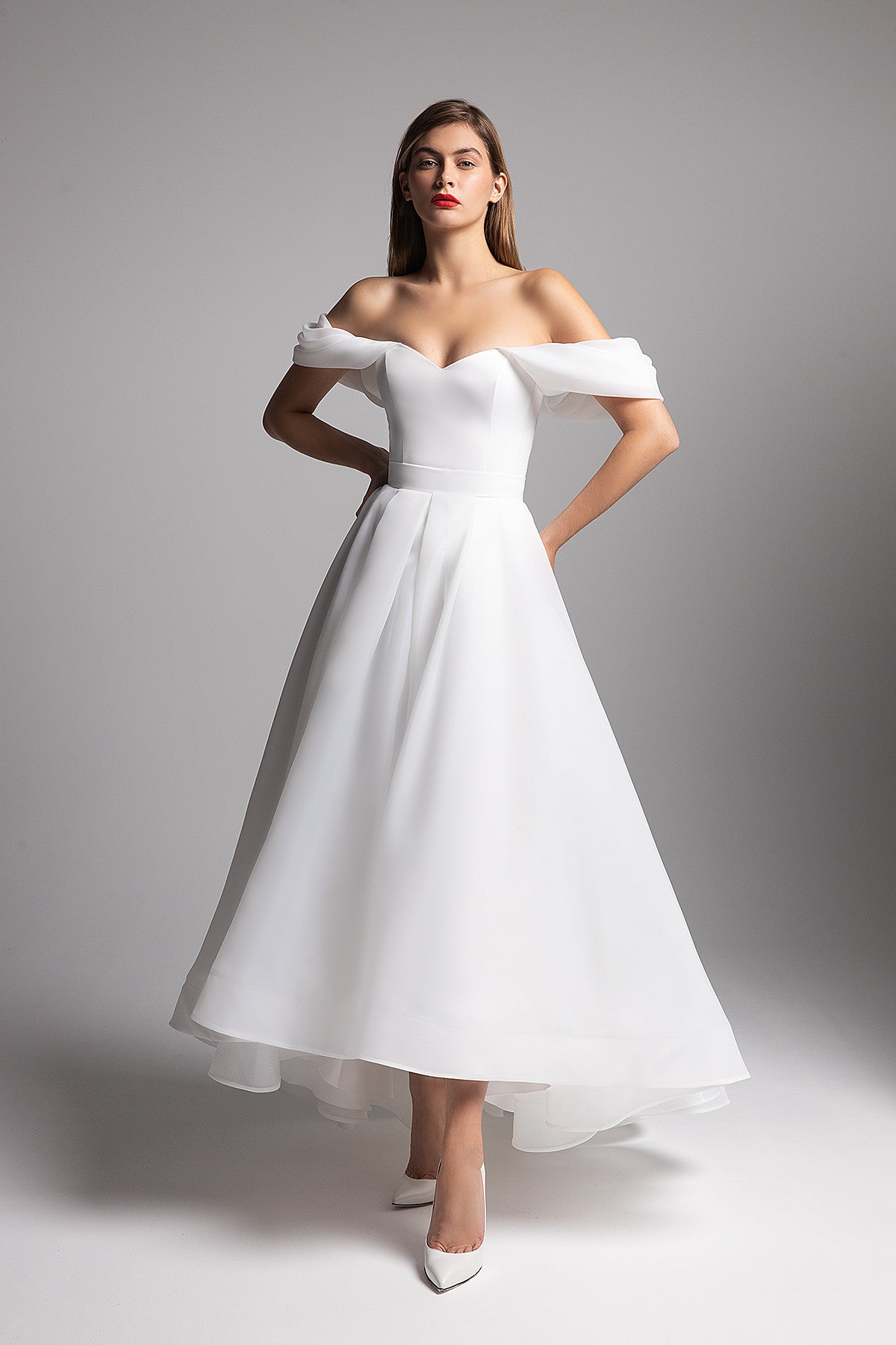 Romantic White Off-The-Shoulder Midi Dress Romilda Made to Order / Off-White / 18 US (50 EU) Romantic White Off-The-Shoulder Midi Dress Romilda Made to Order / Off-White / 18 US (50 EU)