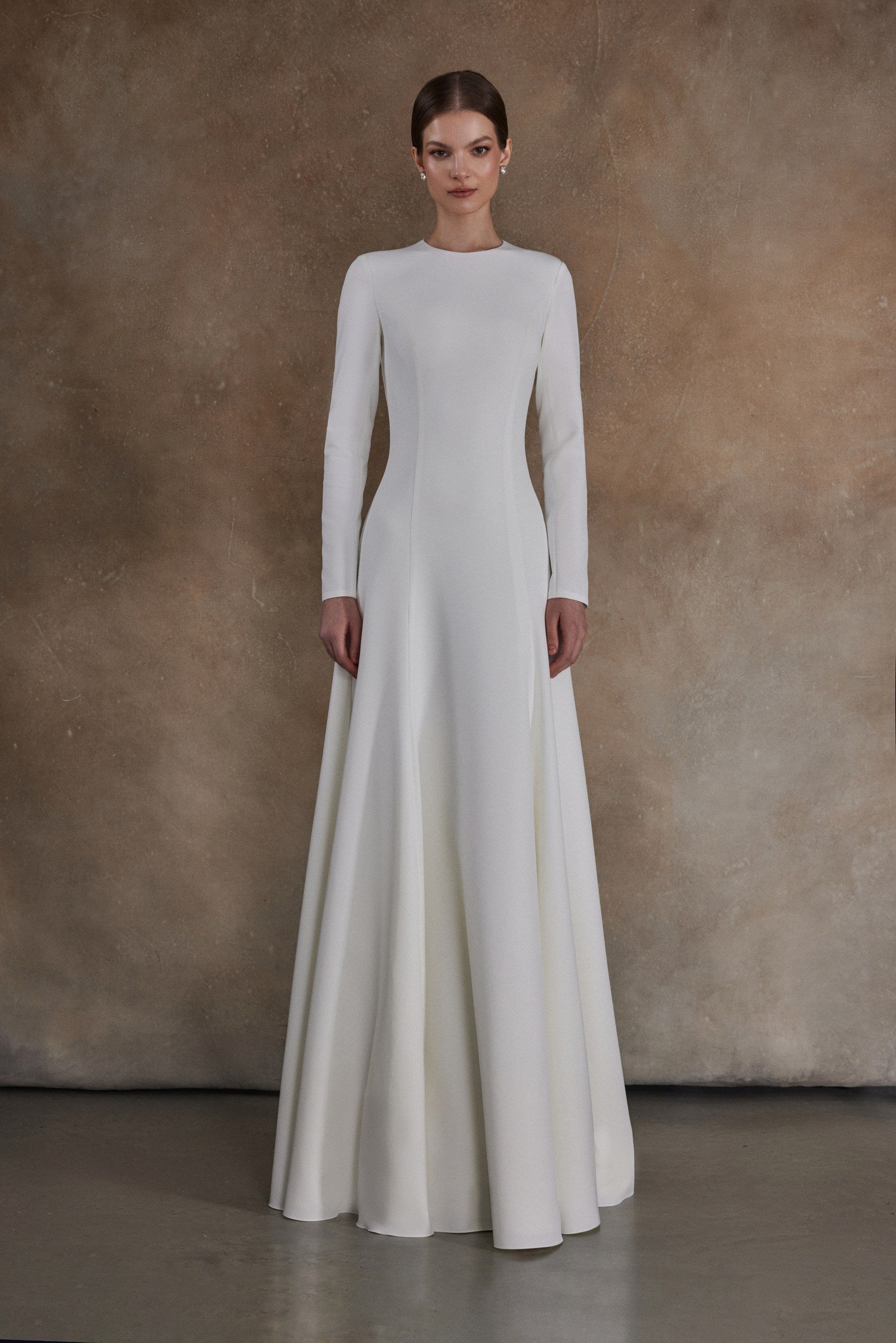 Modest Crepe Wedding Dress With Long Sleeves Stella Custom (14-18 US, 46-50 EU) / Ivory Modest Crepe Wedding Dress With Long Sleeves Stella Custom (14-18 US, 46-50 EU) / Ivory