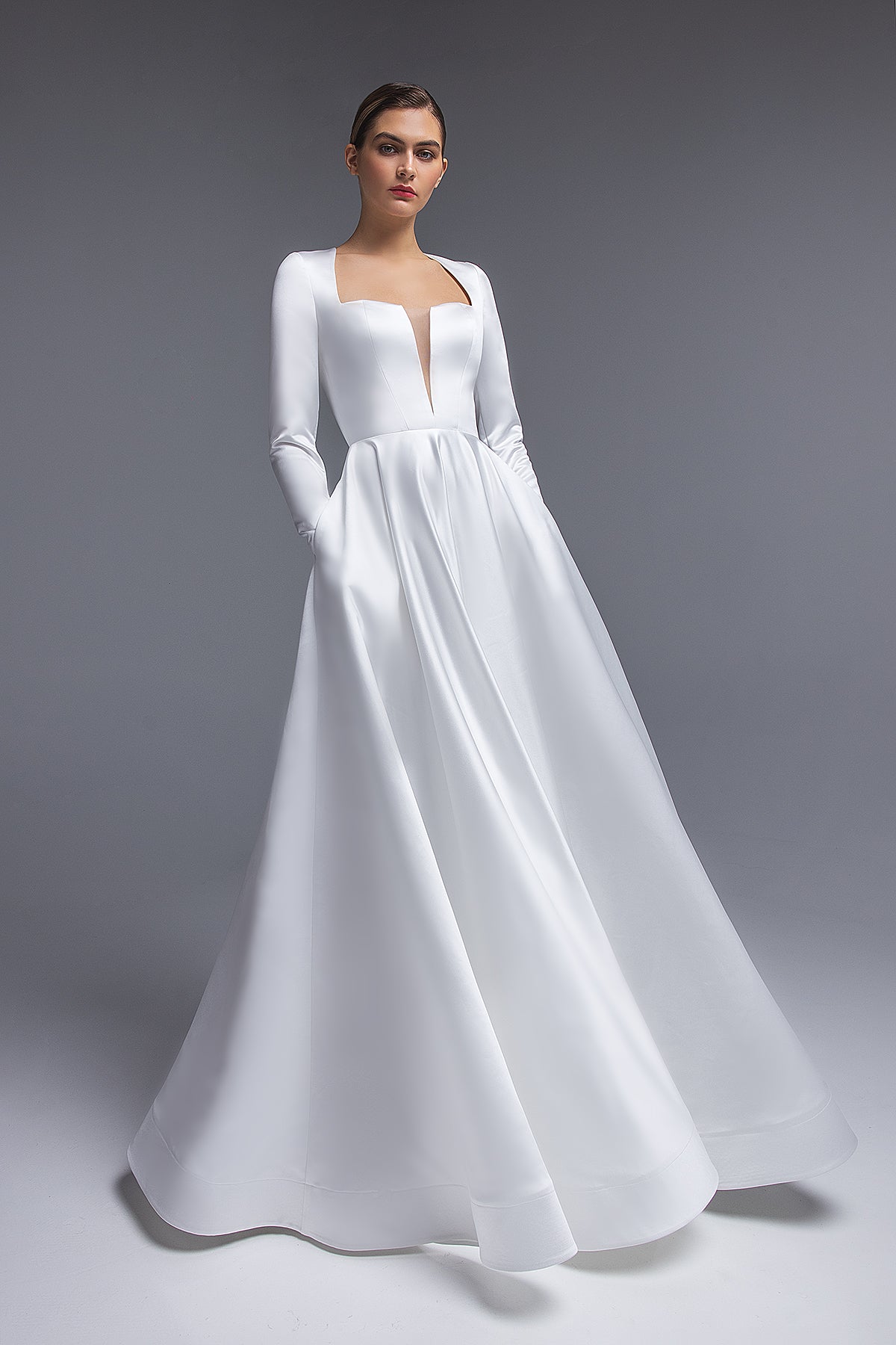 satin long sleeve open back wedding dress Modern V-Neck Satin Wedding Dresses Long Sleeves Open Back With High Slit
