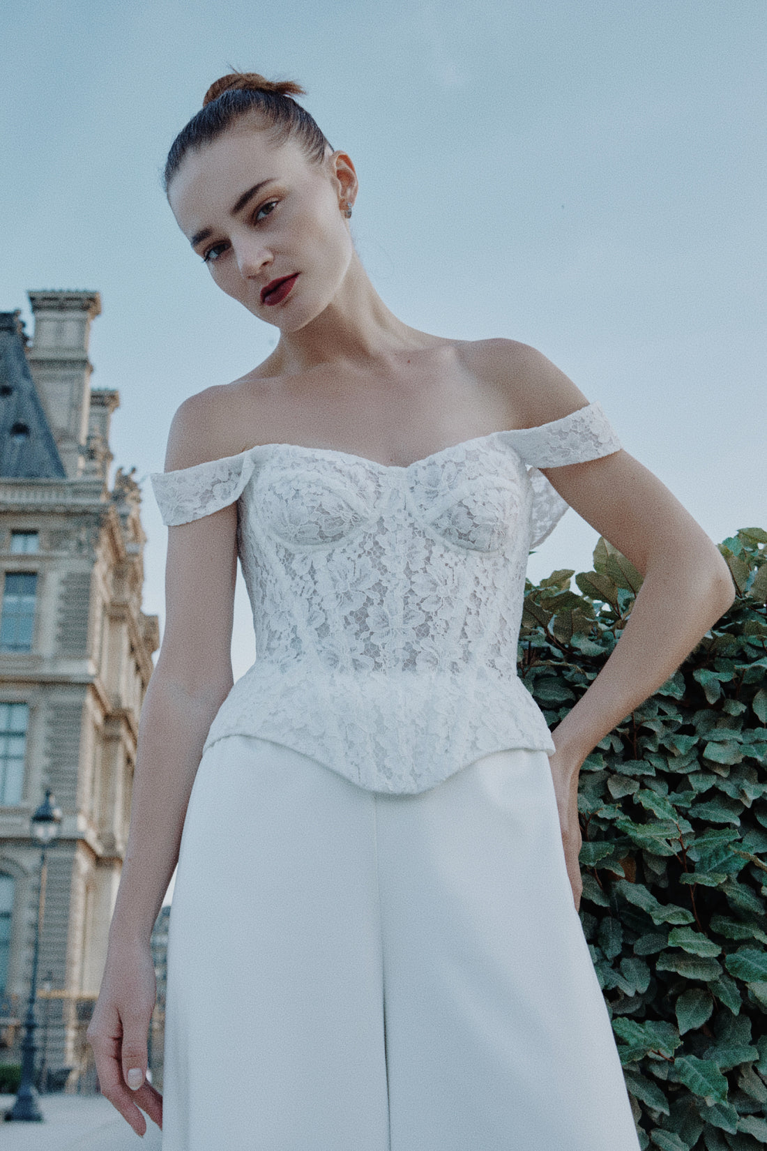 Off-Shoulder Lace Bridal Corset  & Elegant Wedding Trousers, Bridal Separates, Civil Weddings — Jade