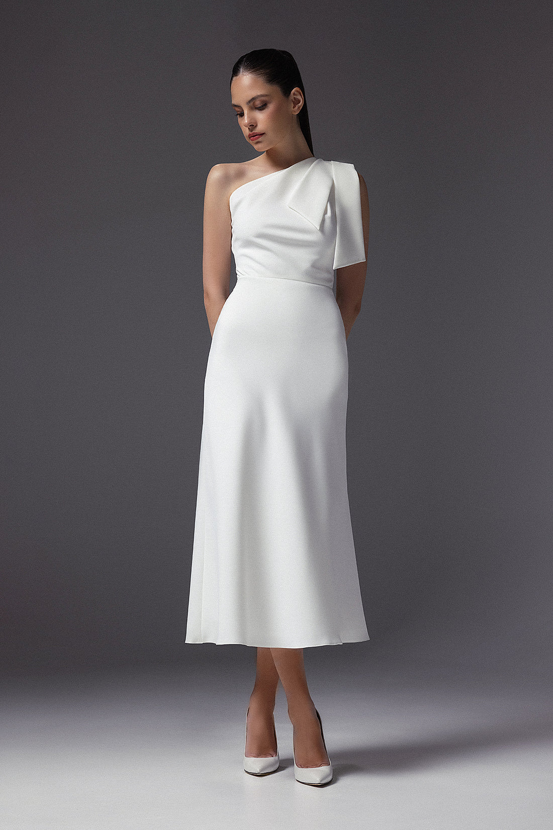 Crepe One Shoulder Minimalist Wedding Dress Julia midi