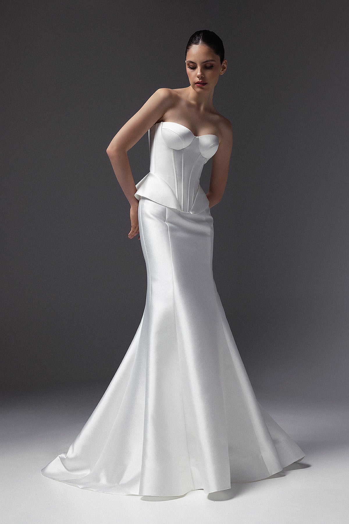 Mikado Two Piece Bridal Set Harley with Peplum Corset and Mermaid skirt 14 US (46 EU) / Off-white