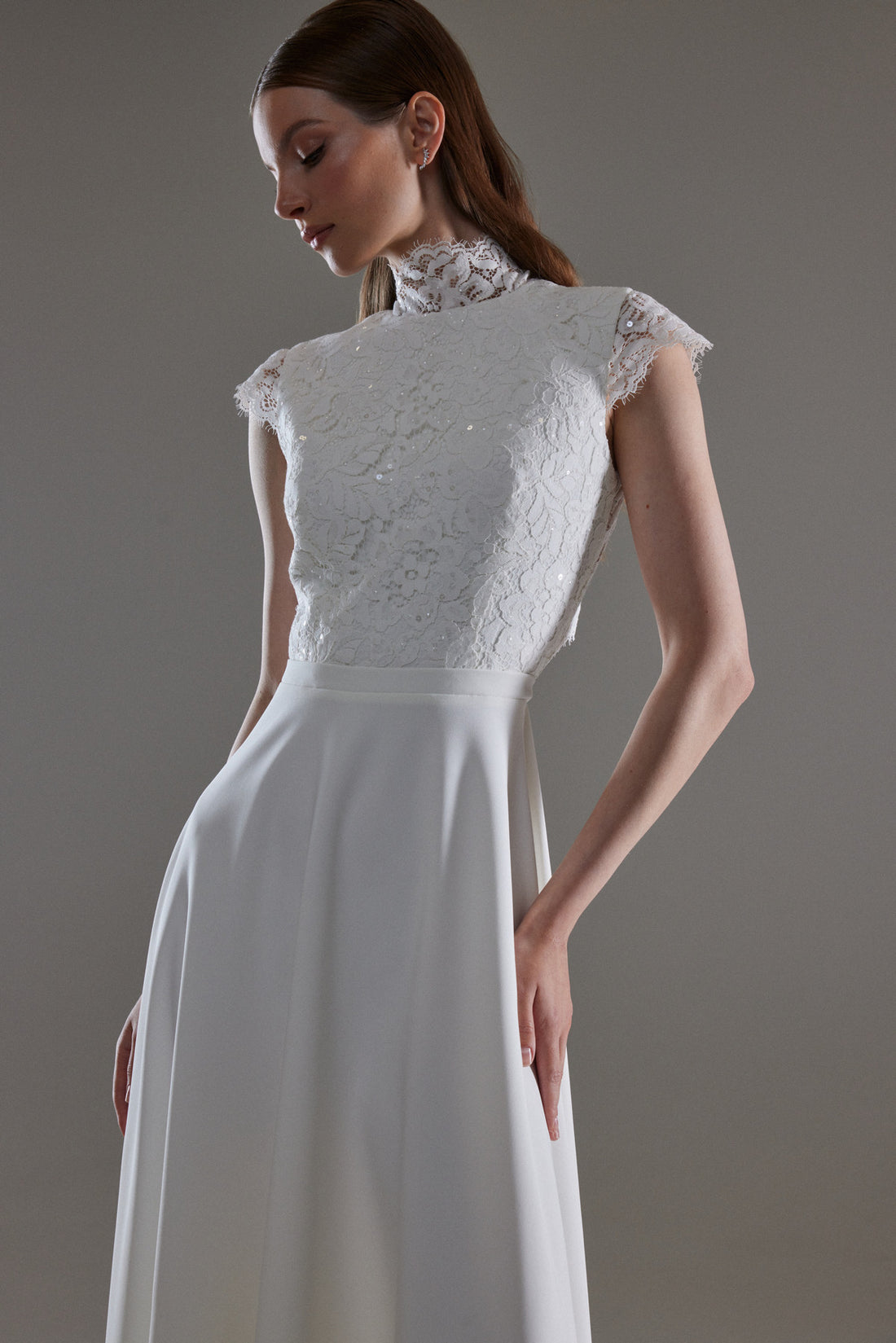 Elegant High Neck Lace Wedding Dress Anabel with Open Back and Flowing Satin Skirt