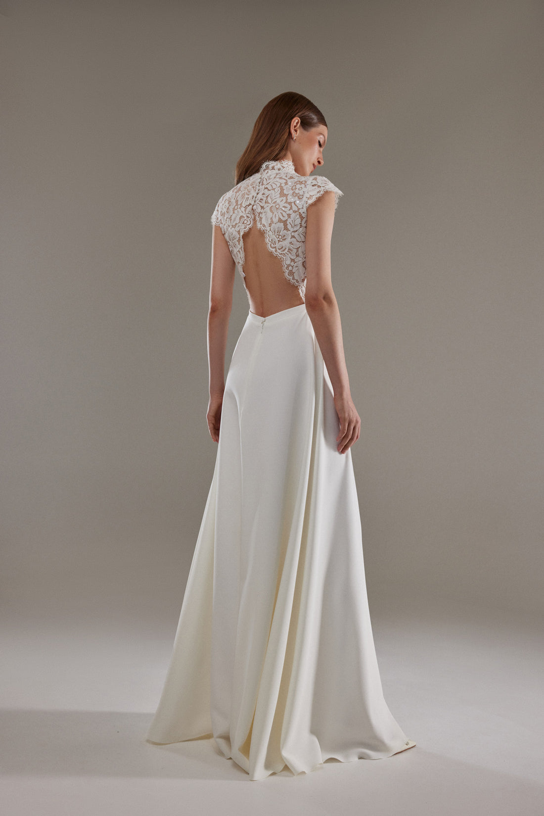 Elegant High Neck Lace Wedding Dress Anabel with Open Back and Flowing Satin Skirt