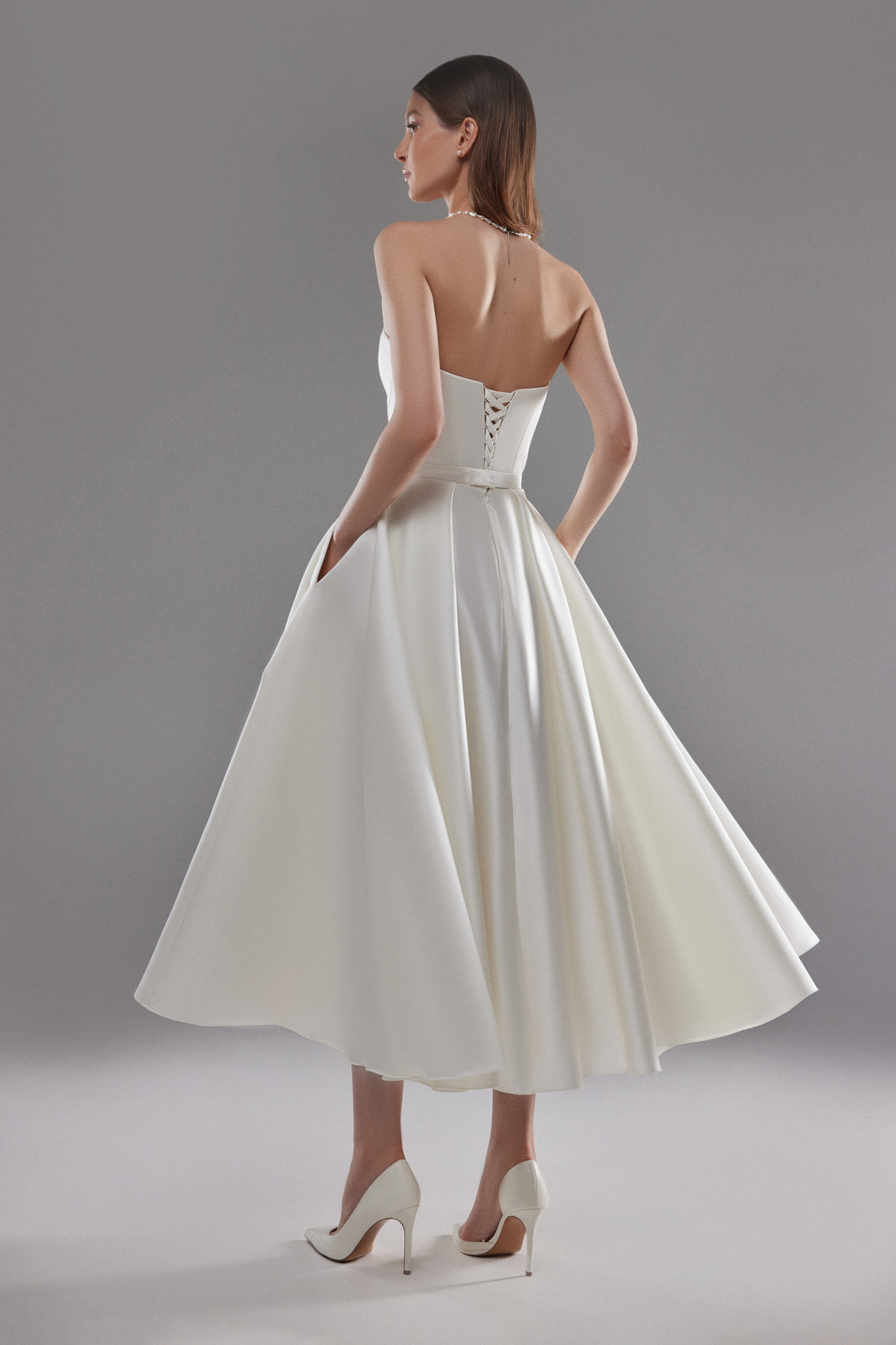 Satin Strapless Midi Wedding Dress Lizzie | Sweetheart Neck Coset Elopement Dress