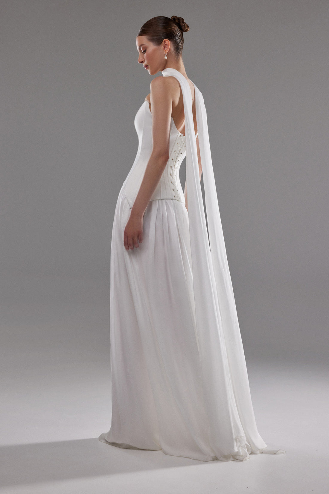 Elegant Off-white Corset Gown Artemide with Flowing Silk Skirt | Satin Strapless Drop Waist Corset