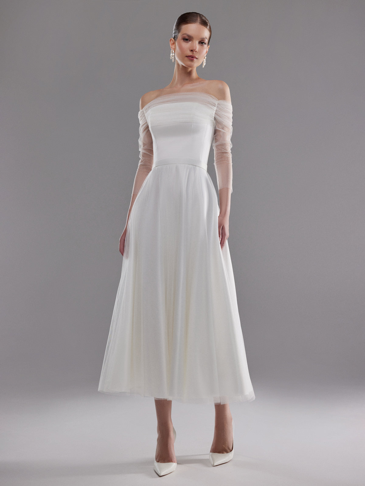 Tulle Midi Simple Wedding Dress Millie | Long Sleeve Romantic Off-Shoulder A-Line Bridal Gown 8 US (40 EU) / Ivory Tulle Midi Simple Wedding Dress Millie | Long Sleeve Romantic Off-Shoulder A-Line Bridal Gown 8 US (40 EU) / Ivory