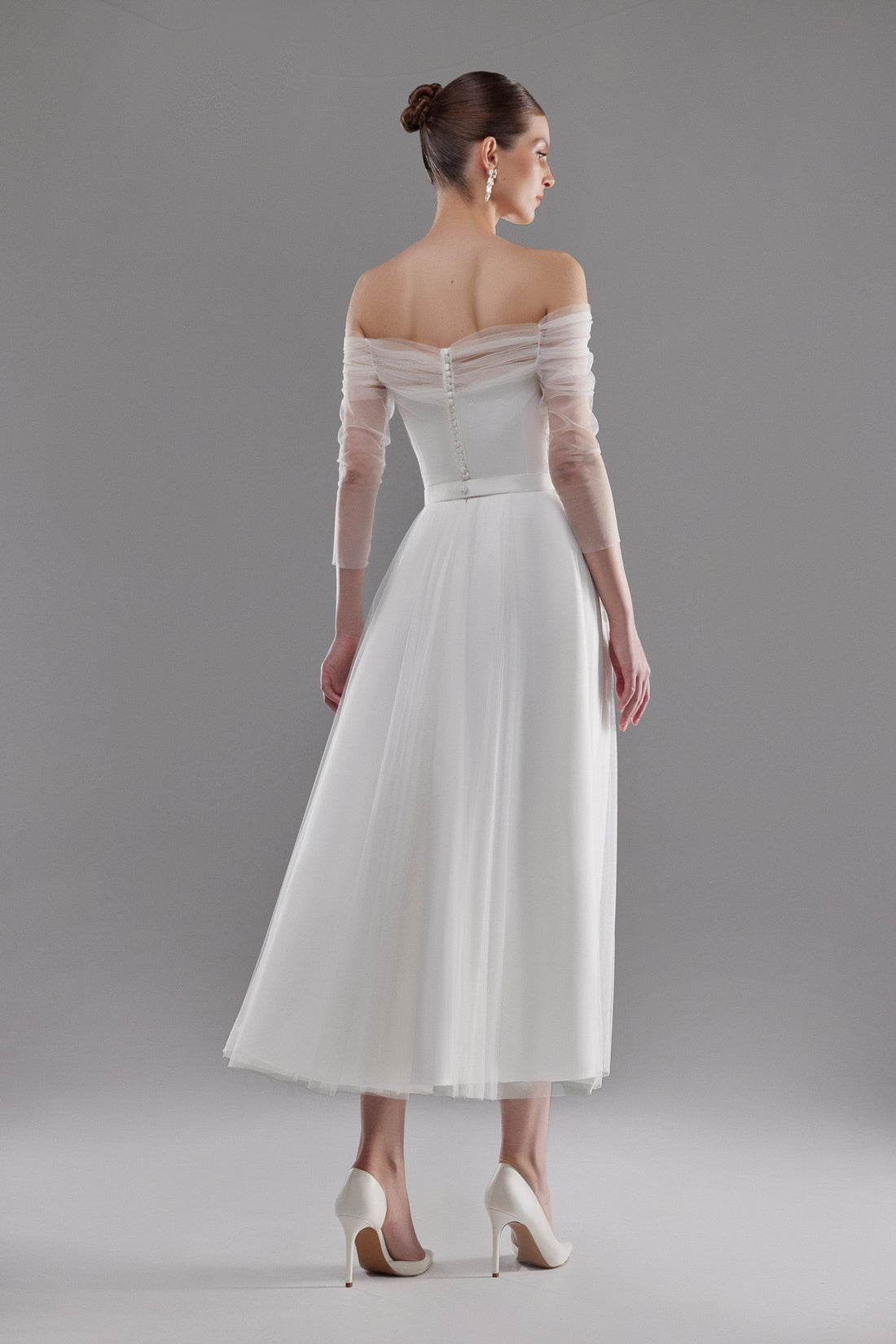 Tulle Midi Simple Wedding Dress Millie | Long Sleeve Romantic Off-Shoulder A-Line Bridal Gown