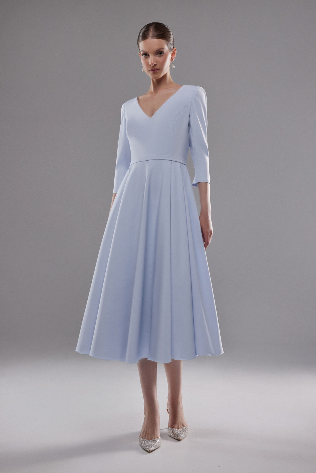 Blue Formal Tea Length Crepe Half Sleeve Dress Lera