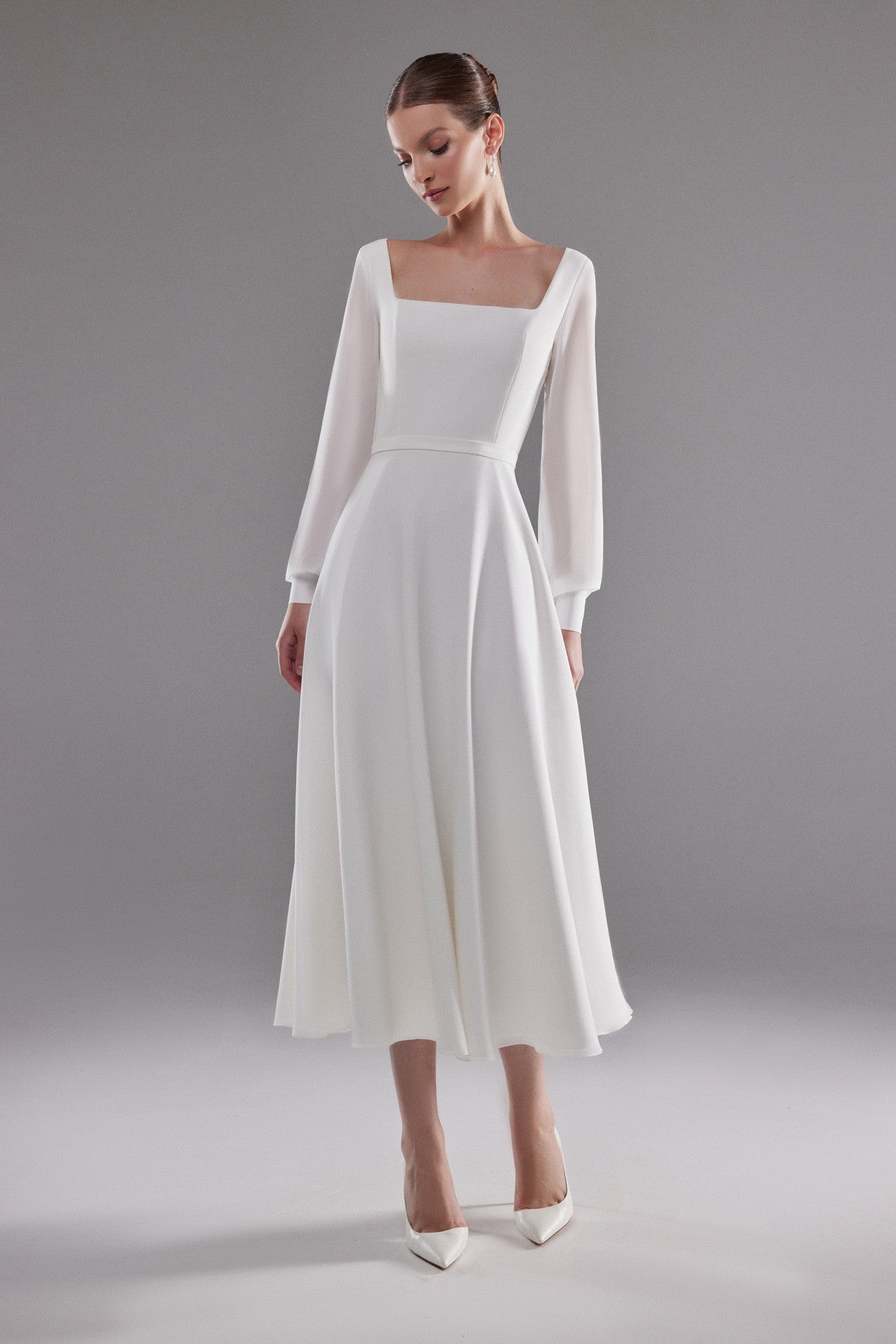 Modest Midi Wedding Dress With Sleeves Edison Ready to Ship / Off-white / 12 US (44 EU)