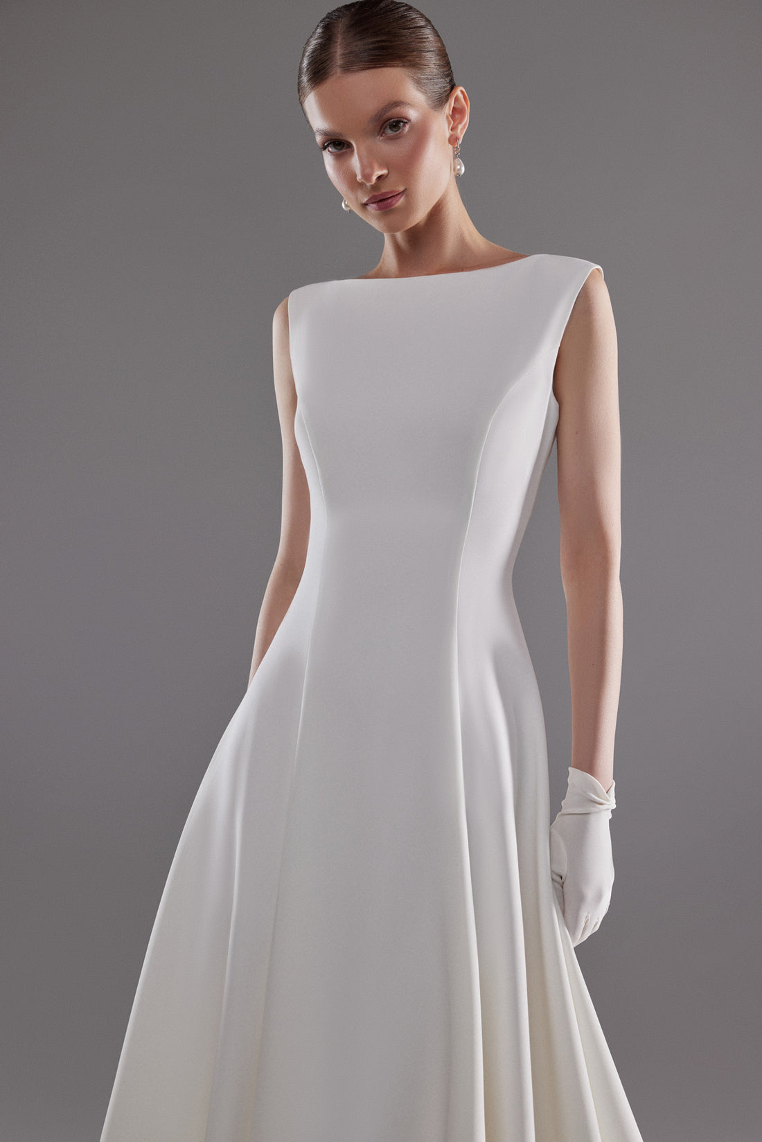 Minimalist Tea-Length White Crepe Wedding Dress Stacy