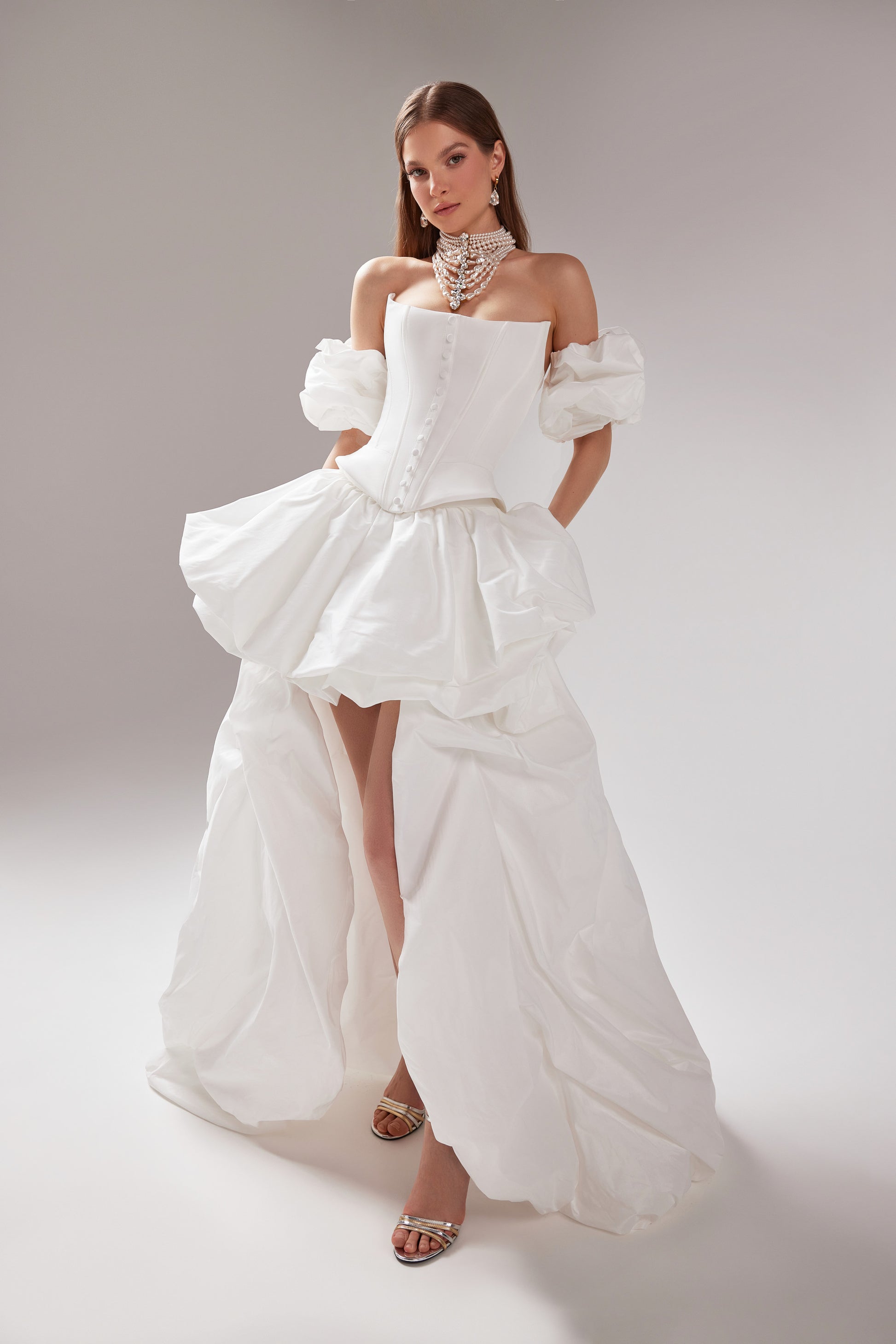 Two Piece Taffeta Corset Wedding Dress Amber with Bubble Hem High-Low Skirt Custom (0-12 US, 32-44 EU) / Champagne