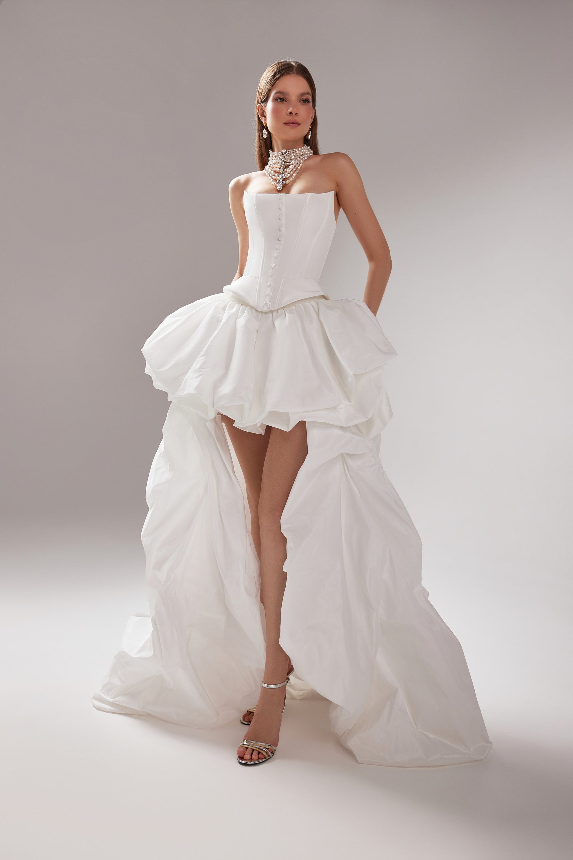 Ivory Taffeta Two Piece Ethereal Wedding Dress Amira | Corset Gown with High-Low Skirt 14 US (46 EU) / Champagne Ivory Taffeta Two Piece Ethereal Wedding Dress Amira | Corset Gown with High-Low Skirt 14 US (46 EU) / Champagne