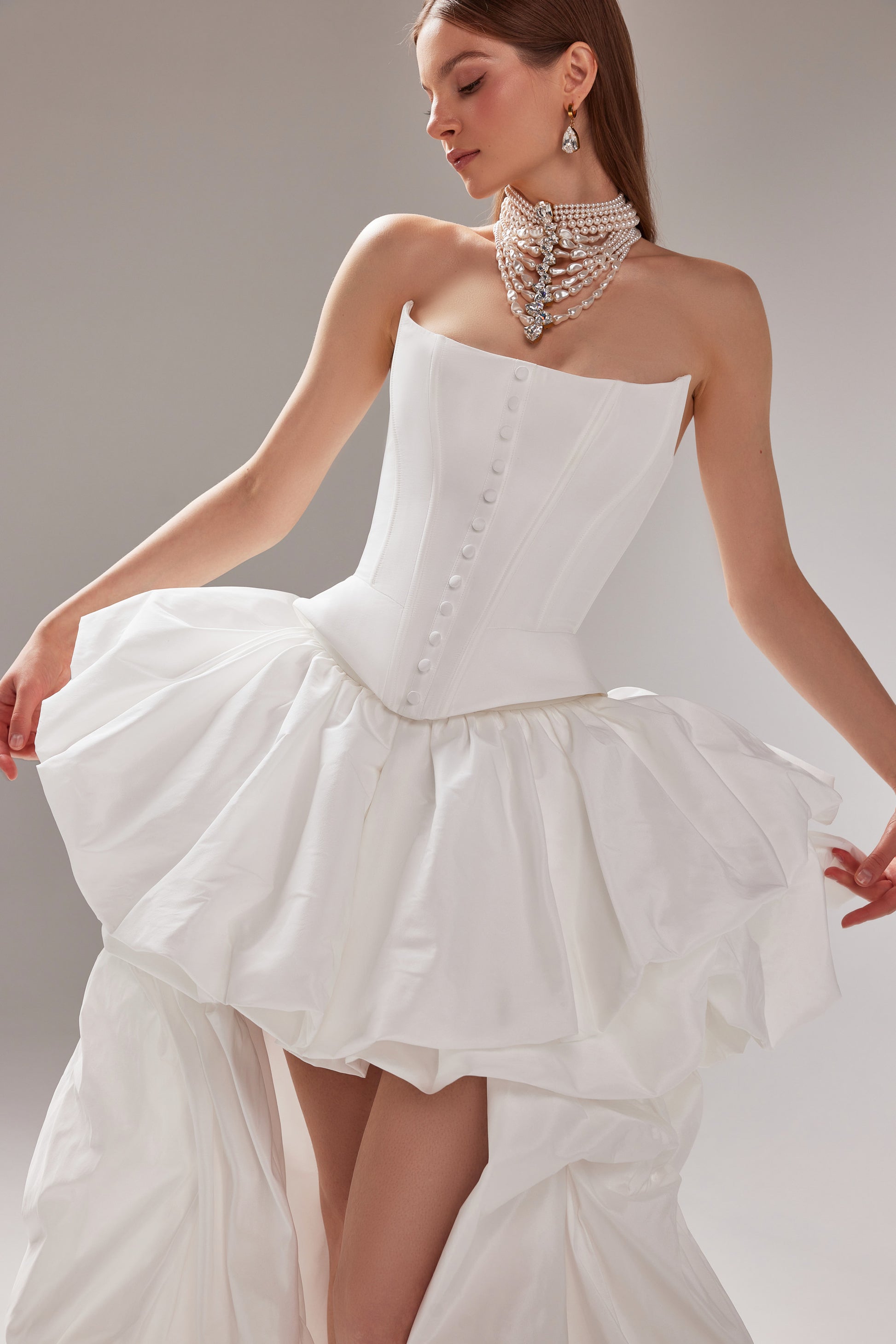 Ivory Taffeta Two Piece Ethereal Wedding Dress Amira | Corset Gown with High-Low Skirt 18 US (50 EU) / Off-White Ivory Taffeta Two Piece Ethereal Wedding Dress Amira | Corset Gown with High-Low Skirt 18 US (50 EU) / Off-White