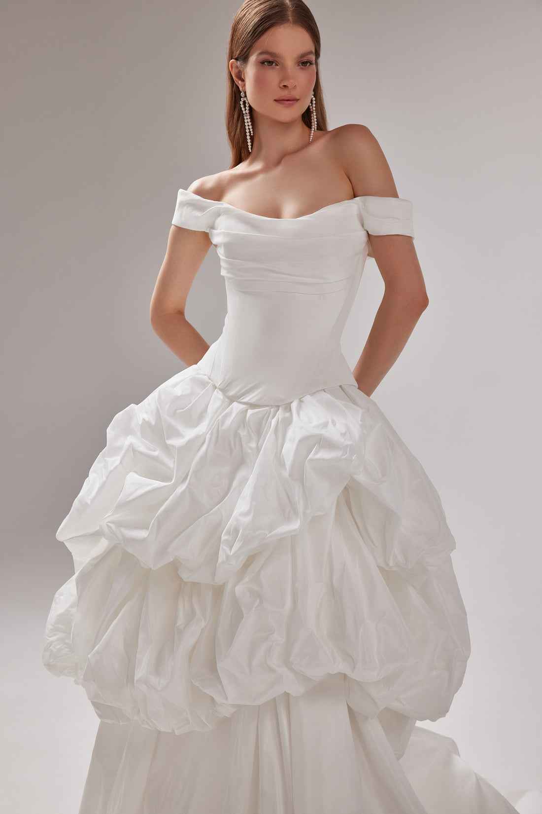 Off-Shoulder Corset Gown Paradise | Modern Romantic Ruffled Taffeta Two Piece Wedding Dress