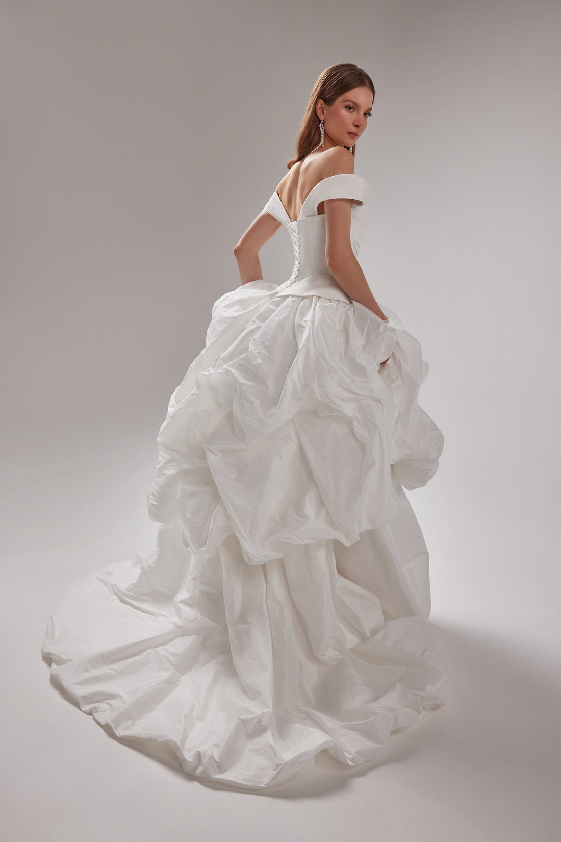 Off-Shoulder Corset Gown Paradise with Layered Skirt | Modern Ruffled Taffeta Two Piece Wedding Dress