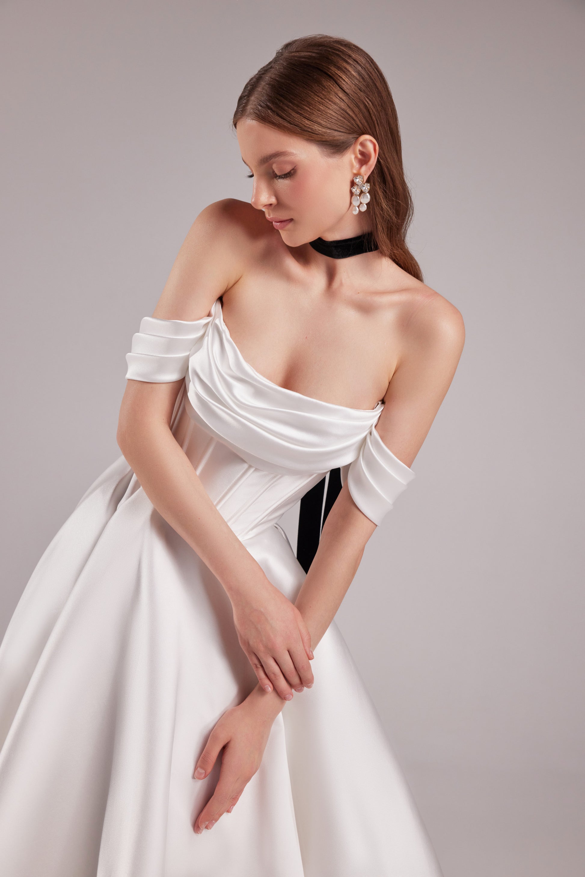 off-the-shoulder mikado trumpet wedding dress Mikado Wedding Dress Jacqueline With Detachable Train US 24