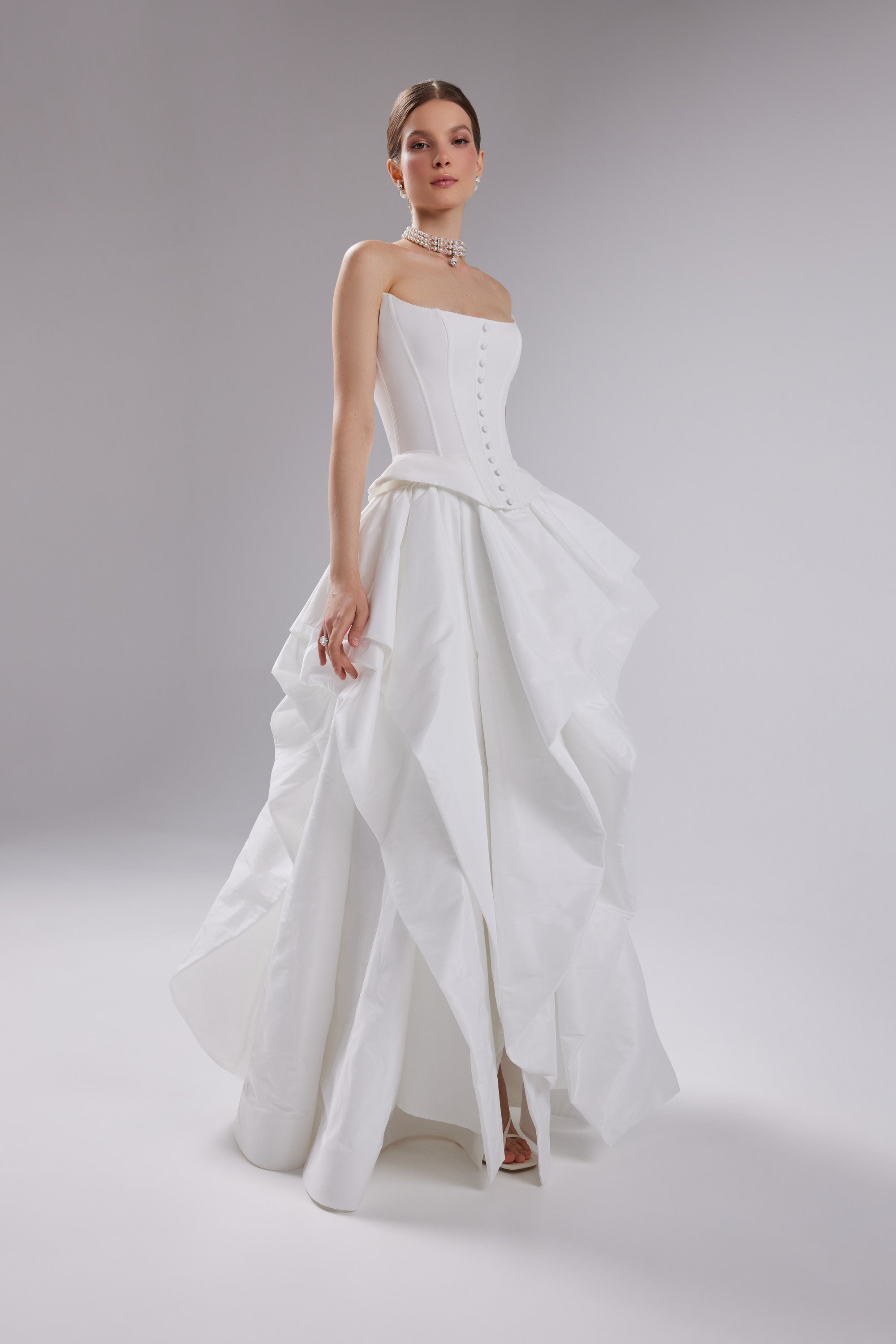 Ivory Strapless Corset Wedding Dress Sonara with Ruffled Skirt Ivory Strapless Corset Wedding Dress Sonara with Ruffled Skirt