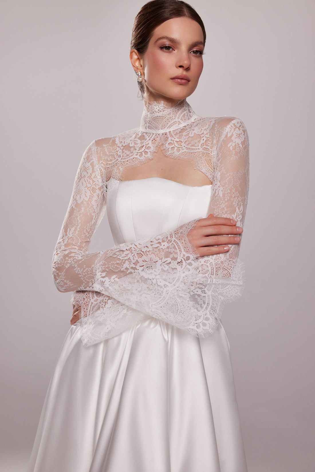 White Satin Drop Waist Wedding Dress Tessa | Corset Bridal Gown with Lace Bolero