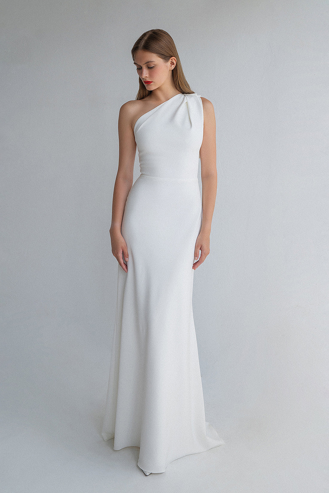 Crepe One Shoulder Minimalist Long Wedding Dress Julia