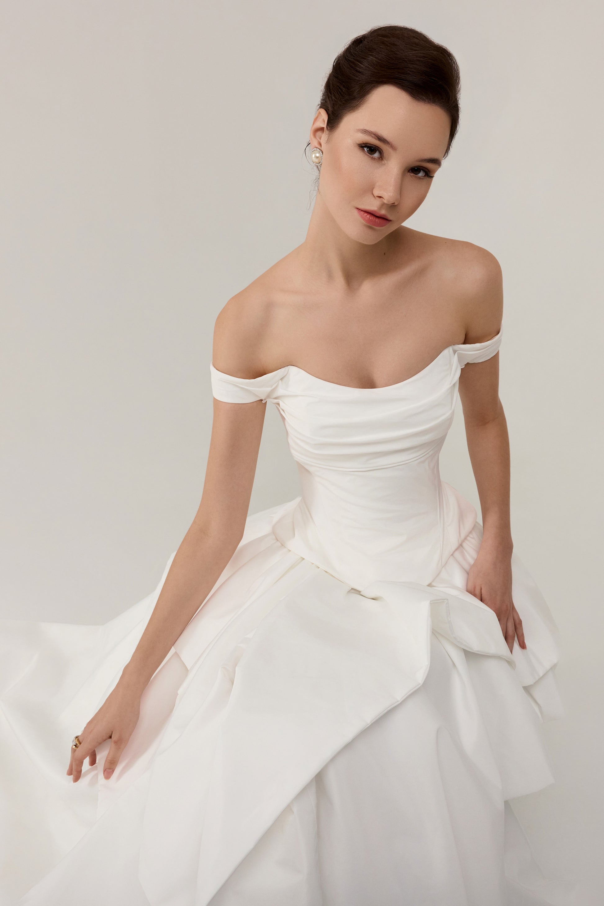 off the shoulder taffeta wedding dress Princess A-line Taffeta Wedding Dress with Detachable Off-Shoulder Sleeves, Draped Bodice & Cathedral Train 10