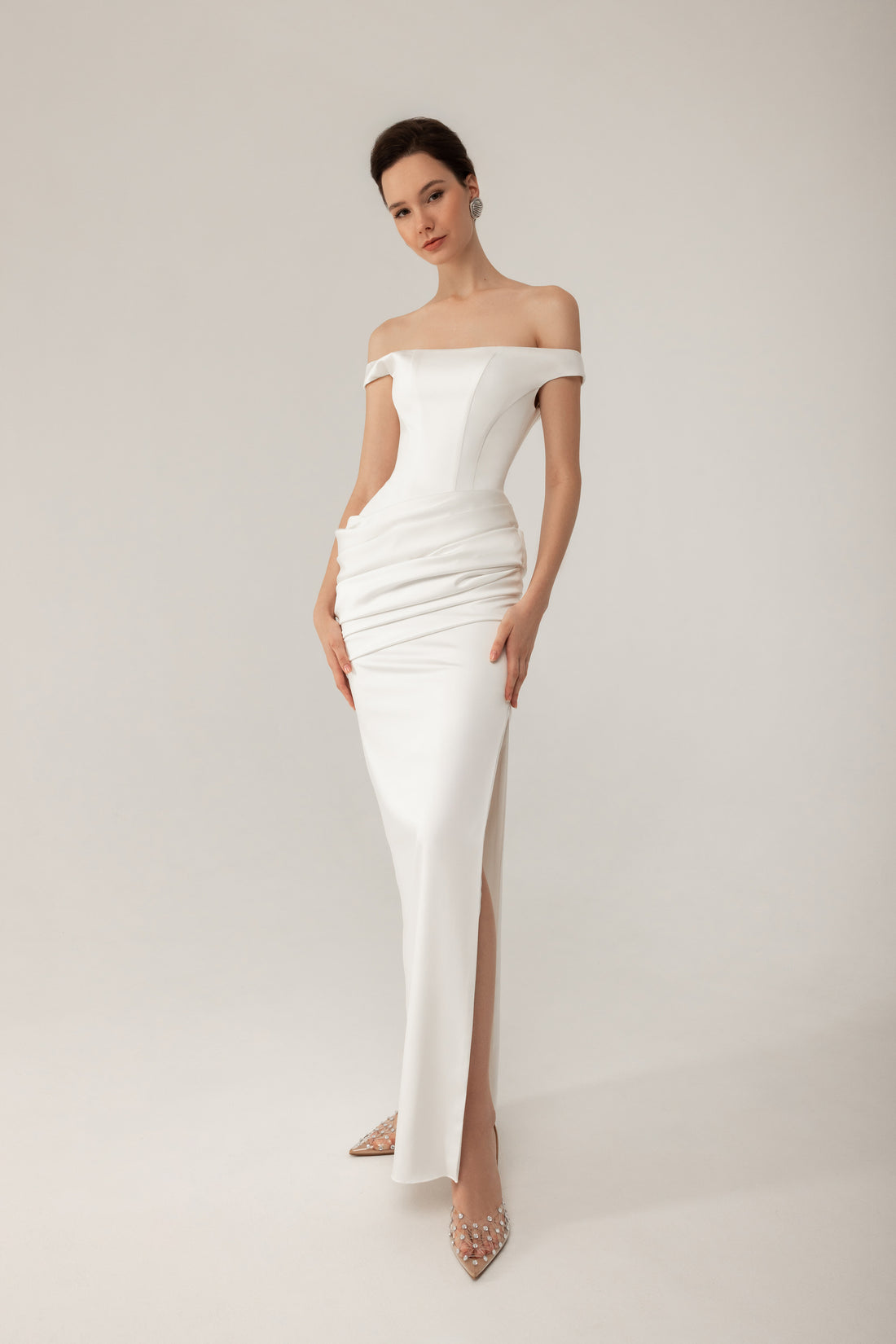White Satin Wedding Dress Kaira | Off-the-Shoulder Bridal Gown with Ruched Waist, High Slit & Lace-Up Back