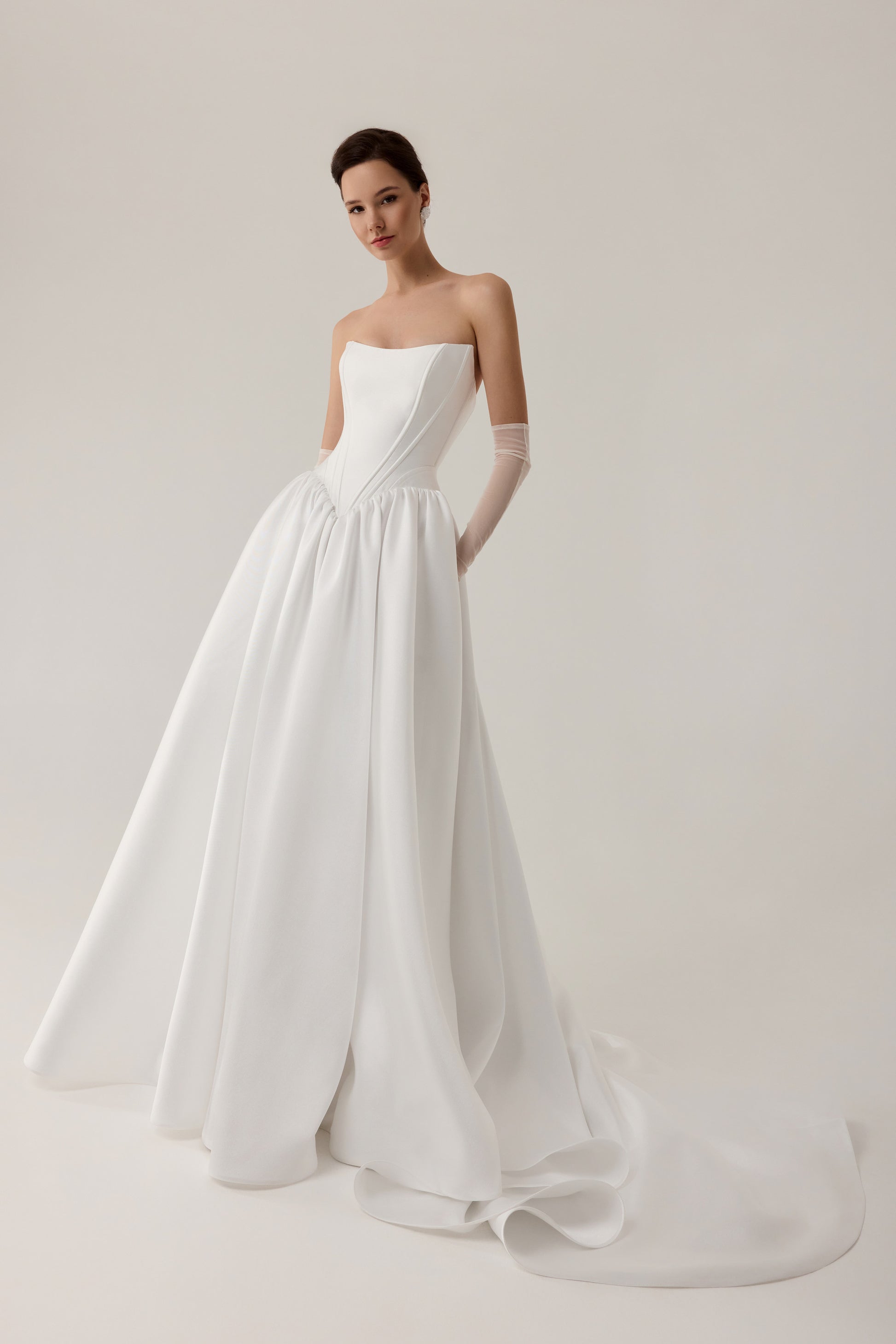 Strapless Drop Waist Mikado Wedding Dress Faith with Cathedral Train 16 US (48 EU) / Ivory Strapless Drop Waist Mikado Wedding Dress Faith with Cathedral Train 16 US (48 EU) / Ivory