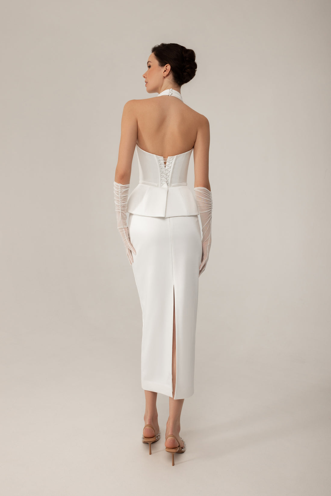 Two Piece Satin Civil Wedding Dress Salma | Halter Neck Peplum Corset And Midi Length Skirt