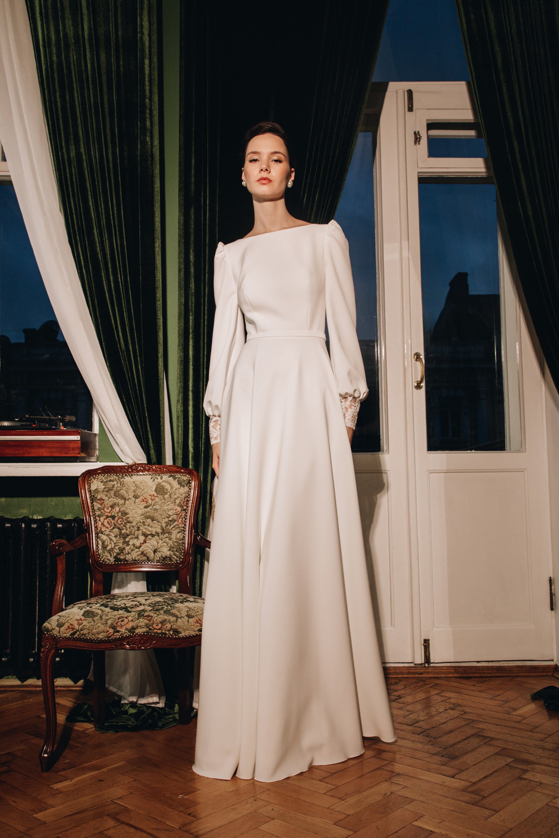 Modest Crepe A-line Wedding Dress Camalia | Boat Neck Dress with Long Bishop Sleeves 18 US (50 EU) / Ivory Modest Crepe A-line Wedding Dress Camalia | Boat Neck Dress with Long Bishop Sleeves 18 US (50 EU) / Ivory