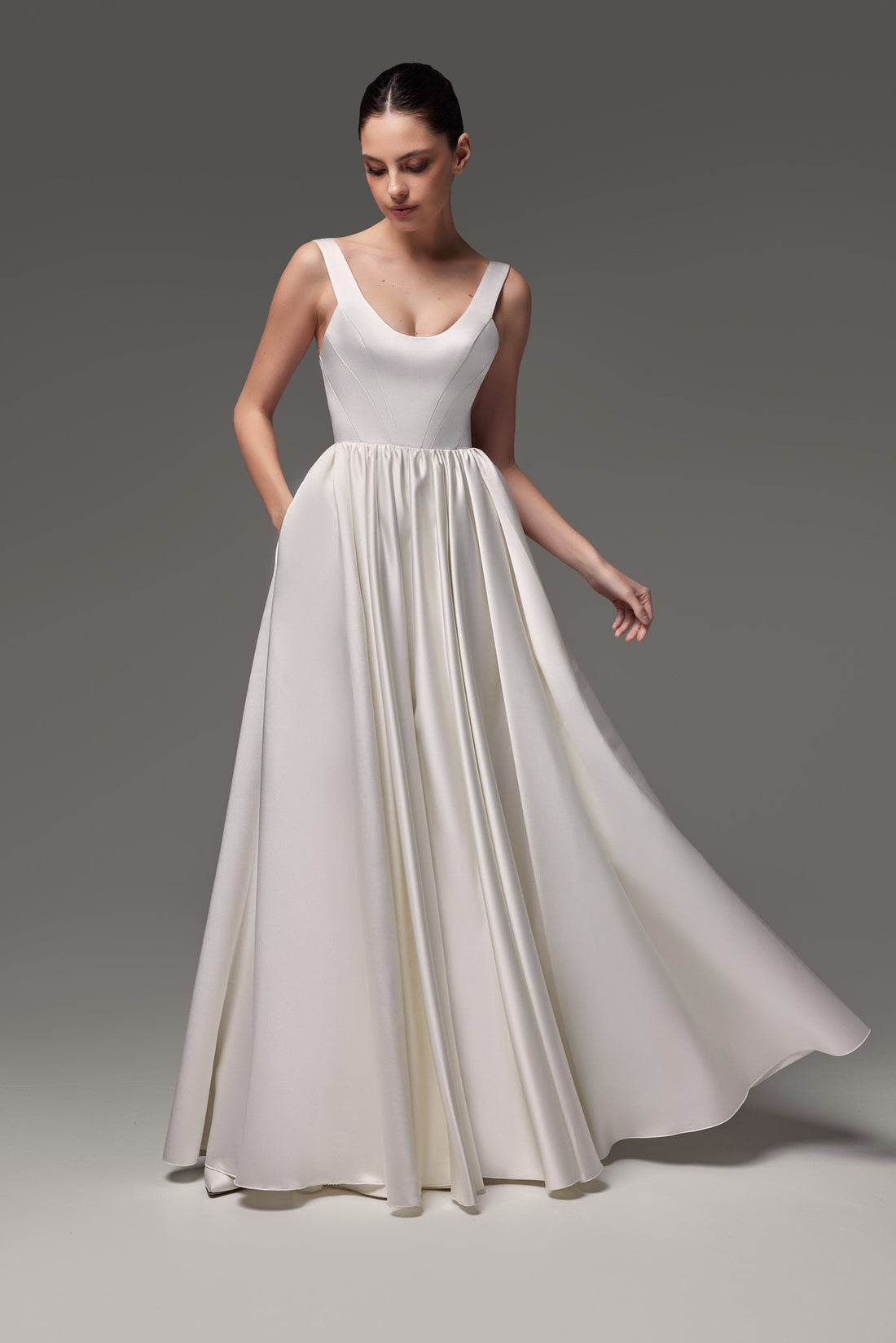 Long Satin Wedding Dress With Scoop Neckline Barbara