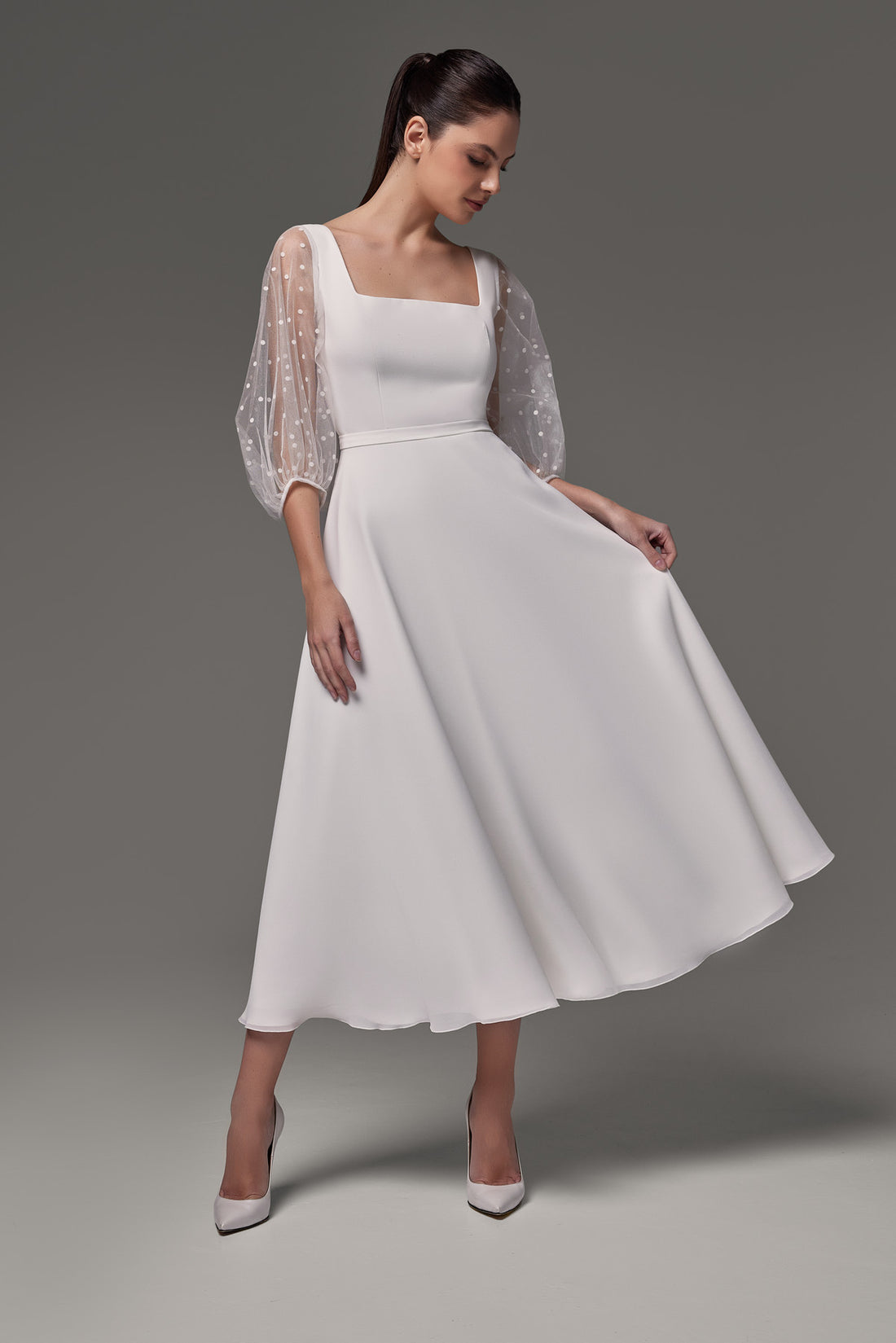 Modest Midi Wedding Dress With Sleeves Edison