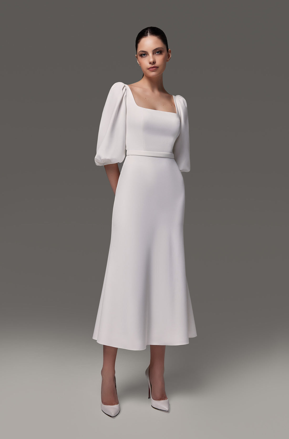 Midi Square Neck Wedding Dress With Bishop Sleeves Tilda