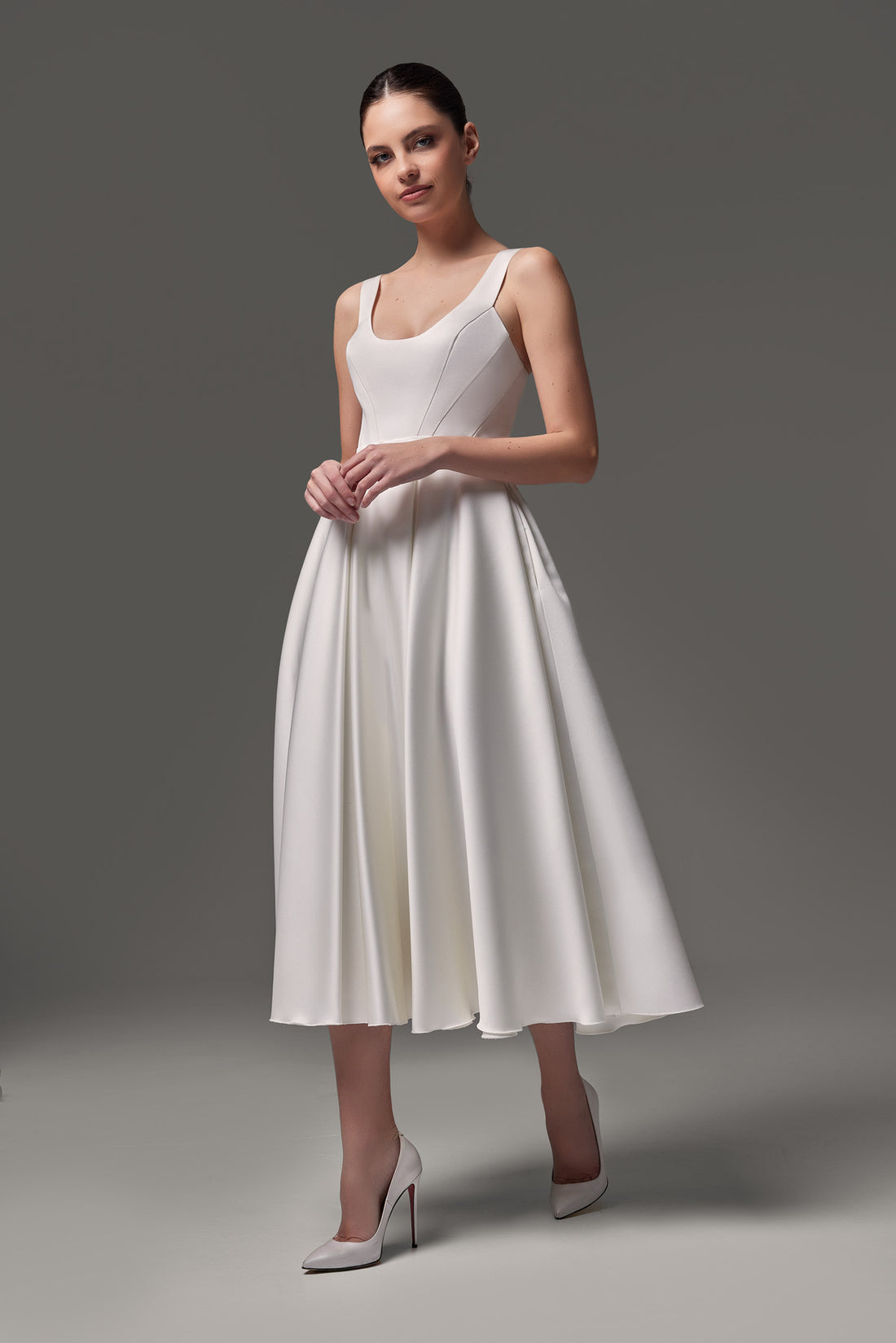 Tea Length Satin Wedding Dress With Scoop Neckline Barbara Midi