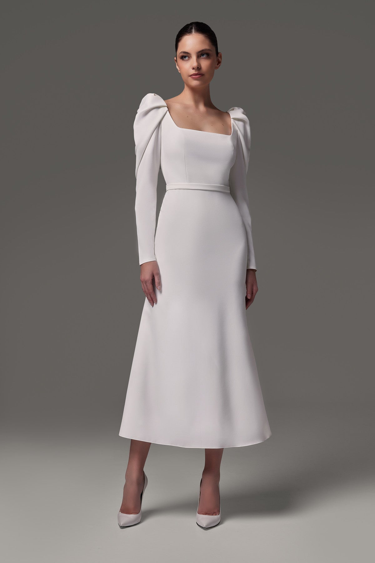 midi wedding dresses with sleeves Dress Denise Long Sleeve Made to Order / Ivory / 8 US (40 EU) Shoe Size:8.5 Champagne Oasis One Shoulder Soft full skirt to the curve la