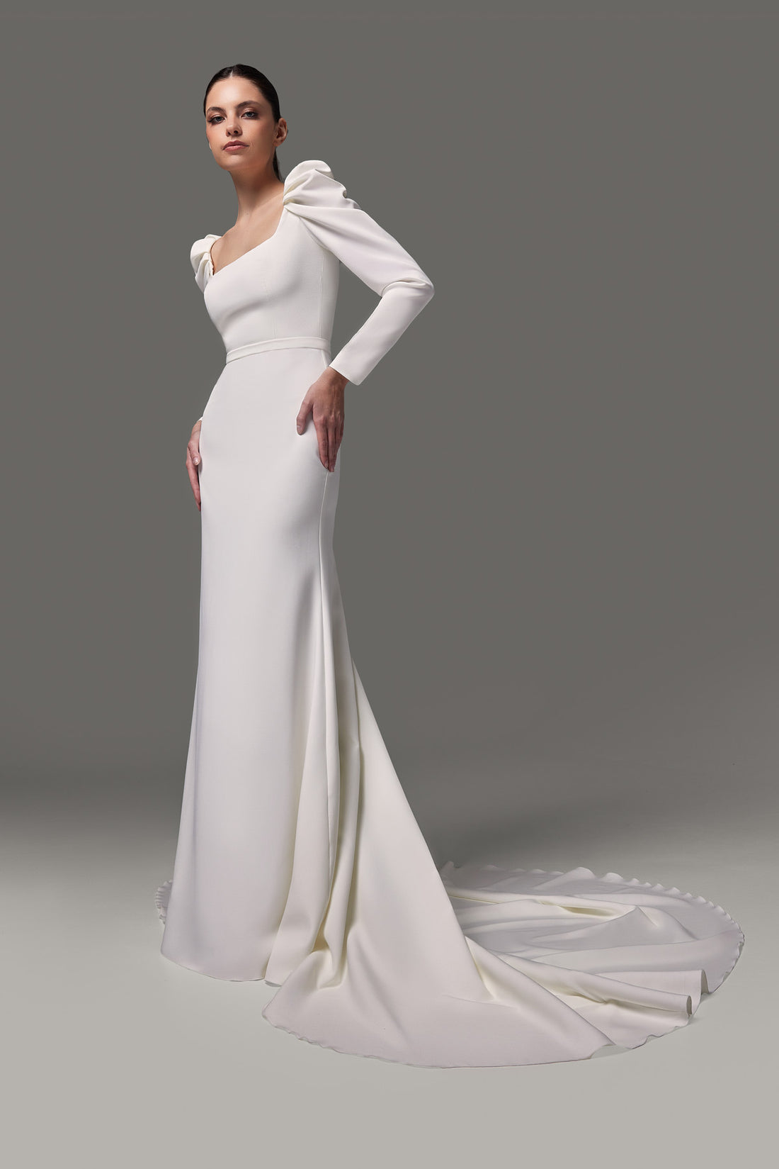 Crepe Fit & Flare Silhouette Wedding Dress With Long Long Sleeves Berta