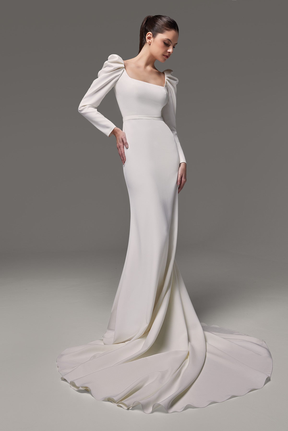Crepe Fit & Flare Silhouette Wedding Dress With Long Long Sleeves Berta Custom (Plus Size) / Ivory Crepe Fit & Flare Silhouette Wedding Dress With Long Long Sleeves Berta Custom (Plus Size) / Ivory