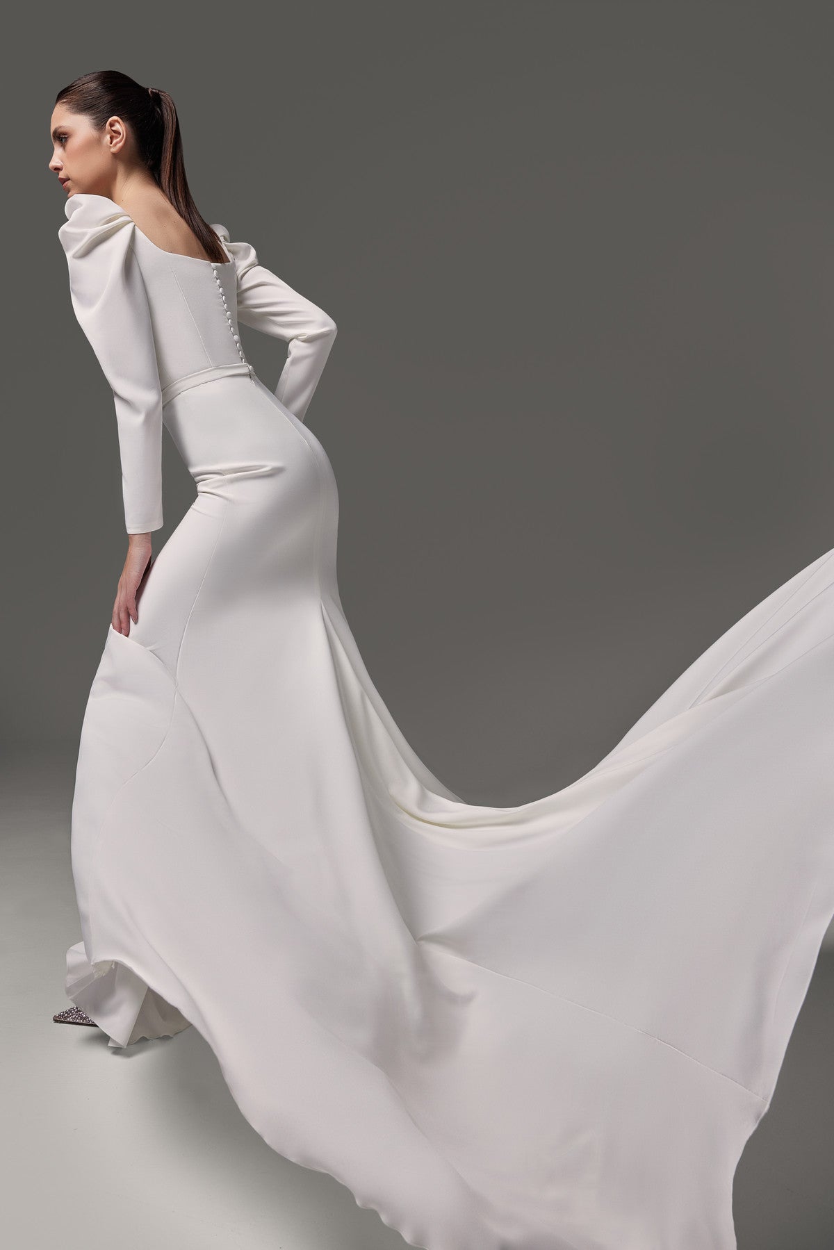 Crepe Fit & Flare Silhouette Wedding Dress With Long Long Sleeves Berta Custom (Plus Size) / Ivory Crepe Fit & Flare Silhouette Wedding Dress With Long Long Sleeves Berta Custom (Plus Size) / Ivory