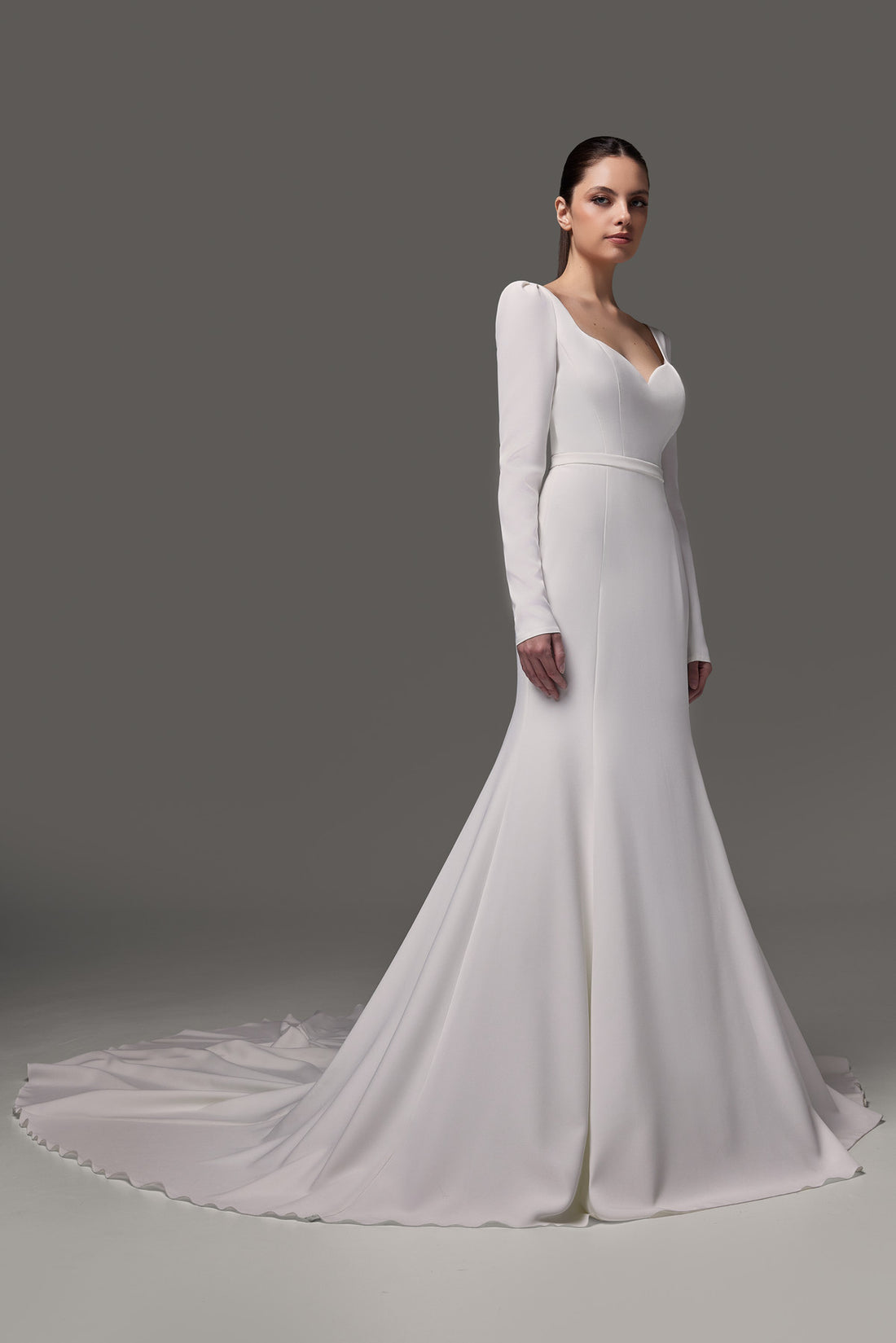 Crepe Wedding Dress With Long Sleeves and Cathedral Train Noomi