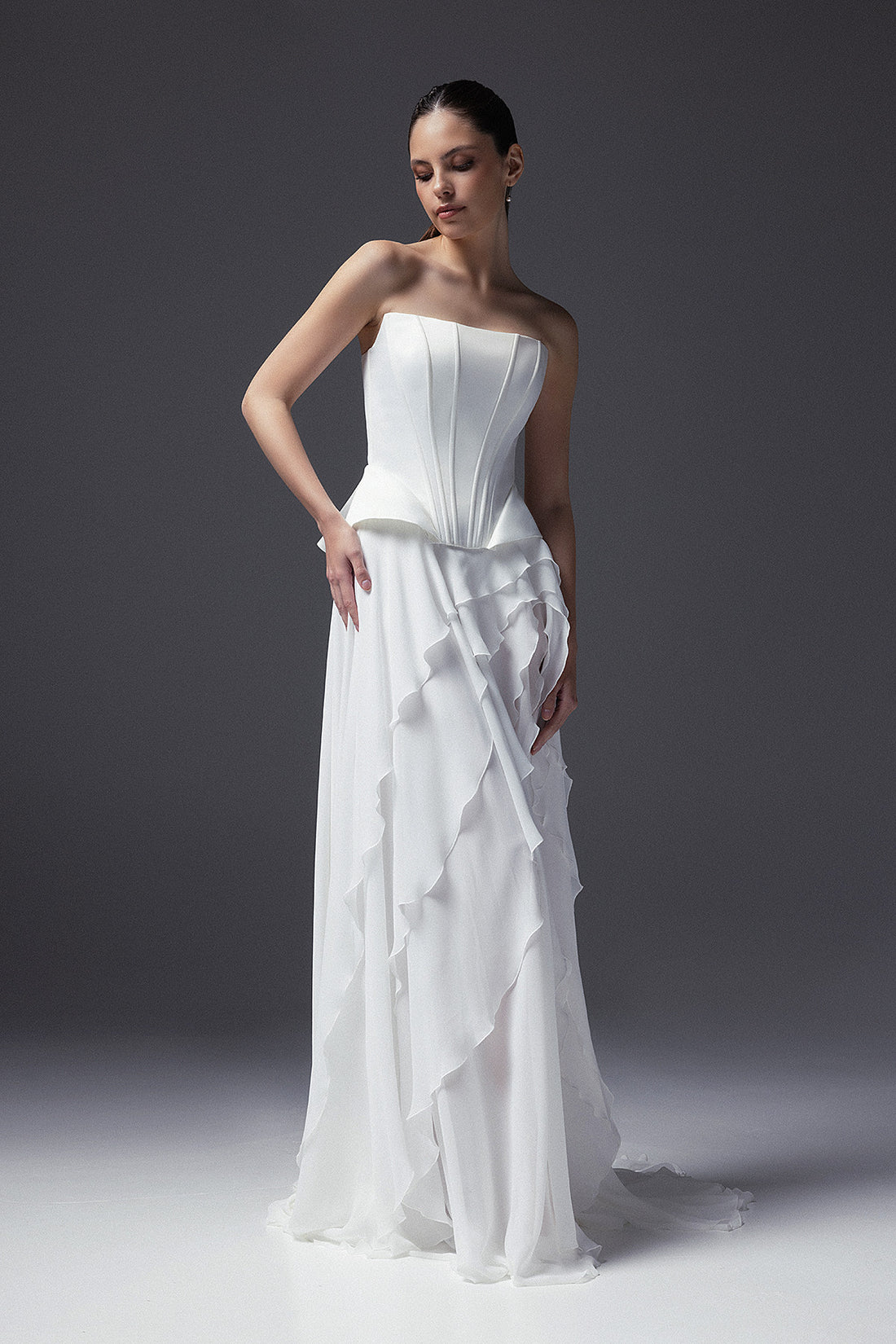 Two Piece Wedding Dress Greta with Chiffon Asymmetric Maxi Skirt and Strapless Peplum Corset