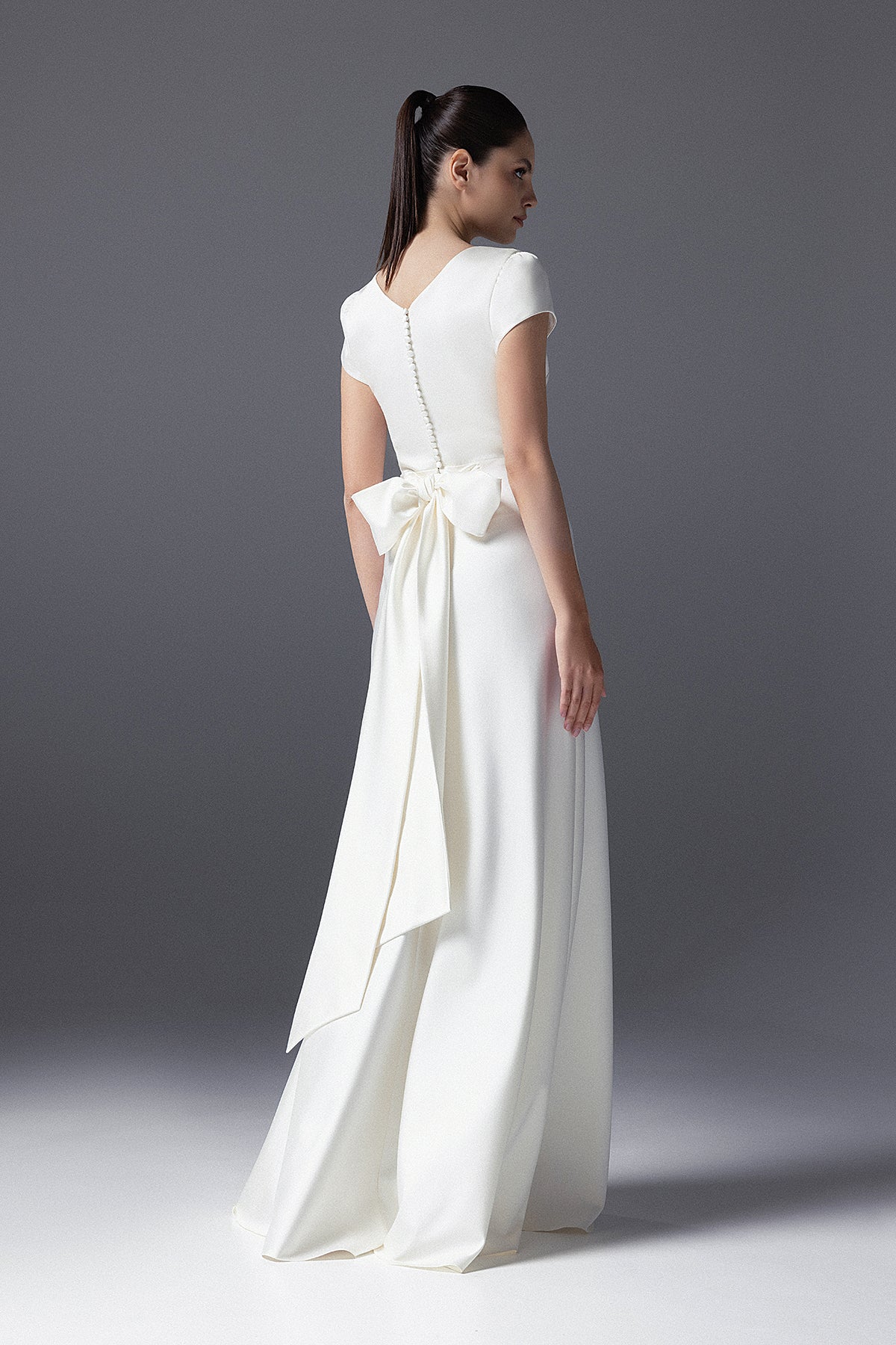 satin sheath wedding dress Satin Sheath Wedding Dress With Short Sleeve Kristina 0 US (32 EU) / Ivory