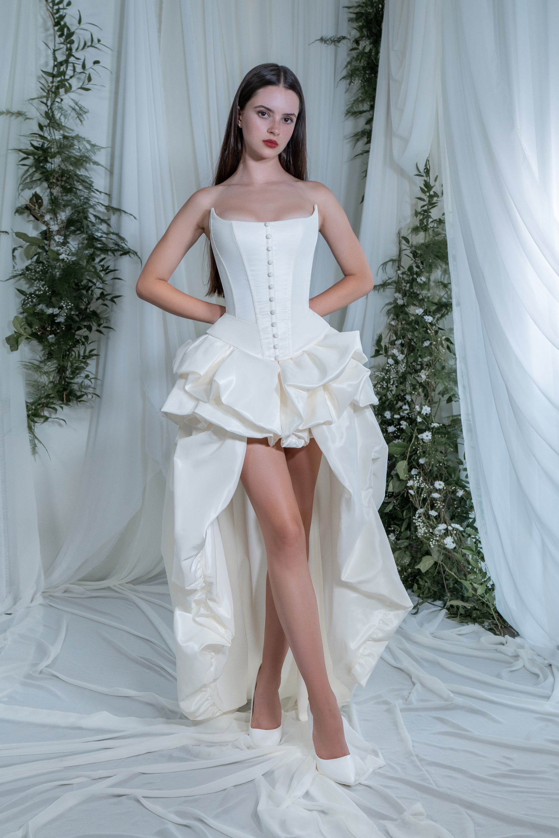 Ivory Taffeta Two Piece Ethereal Wedding Dress Amira | Corset Gown with High-Low Skirt 16 US (48 EU) / Off-White Ivory Taffeta Two Piece Ethereal Wedding Dress Amira | Corset Gown with High-Low Skirt 16 US (48 EU) / Off-White