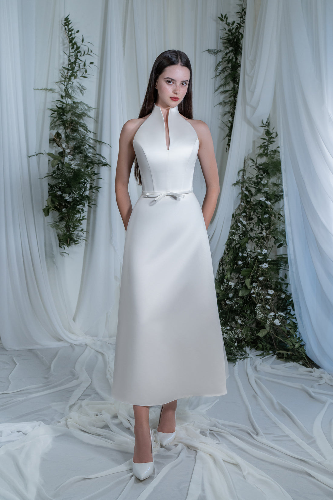 Elegant Satin Midi Dress Verona with Modern High Neckline | Simple White Satin Wedding Dress