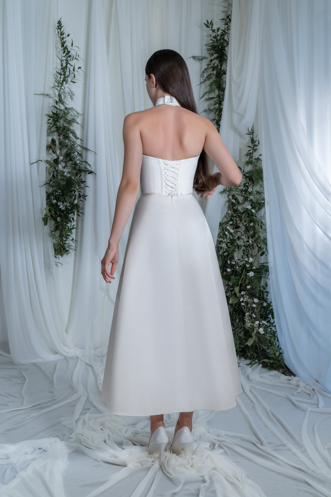 Elegant White Satin Midi Dress Verona | Simple  Wedding Dress with Modern High Neckline