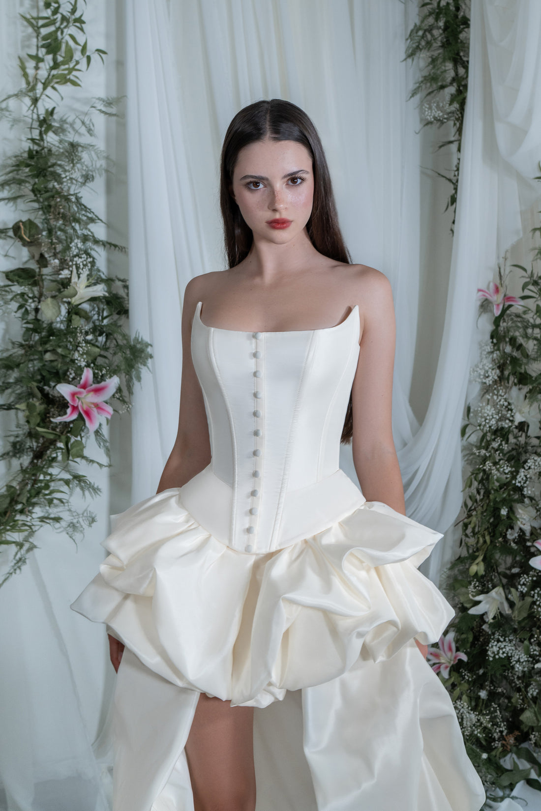 Ivory Taffeta Two-Piece Corset and High-Low Skirt Set Amira
