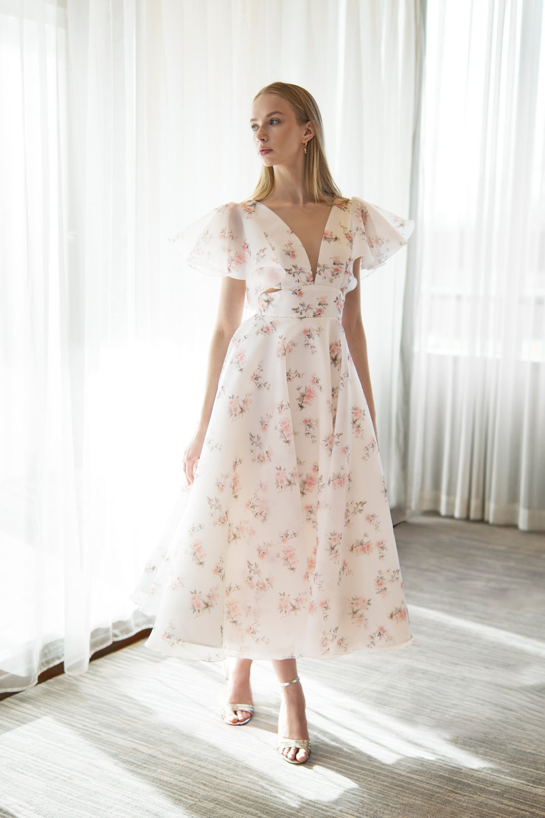 Organza Midi Plunging Neckline Cut Out Dress Eulalia